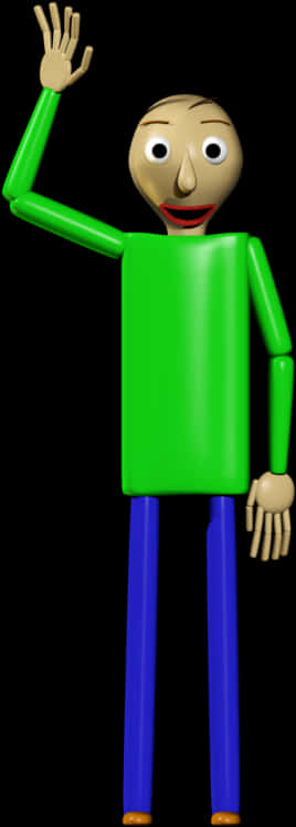 Baldi 桌布 壁紙 — 一個穿著綠色襯衫和藍色褲子的卡通角色在黑色背景上愉快地揮手。