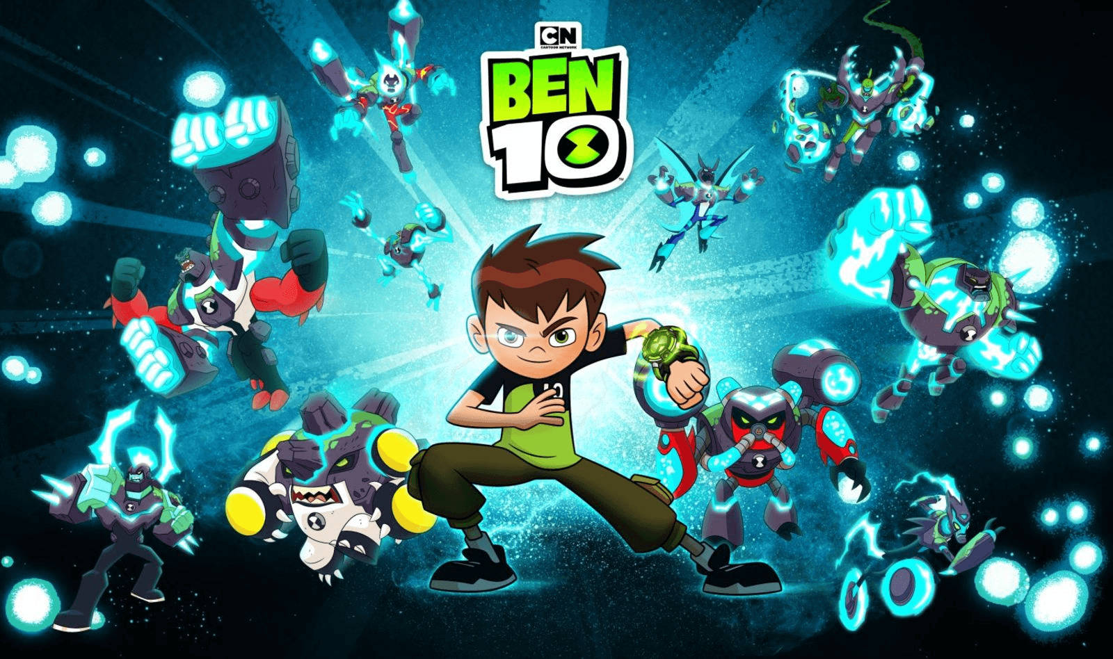 Ben 10 桌布 壁紙 — 一個穿著綠色襯衫的小男孩自信地站著，被發光的外星生物包圍，背景是宇宙藍色。