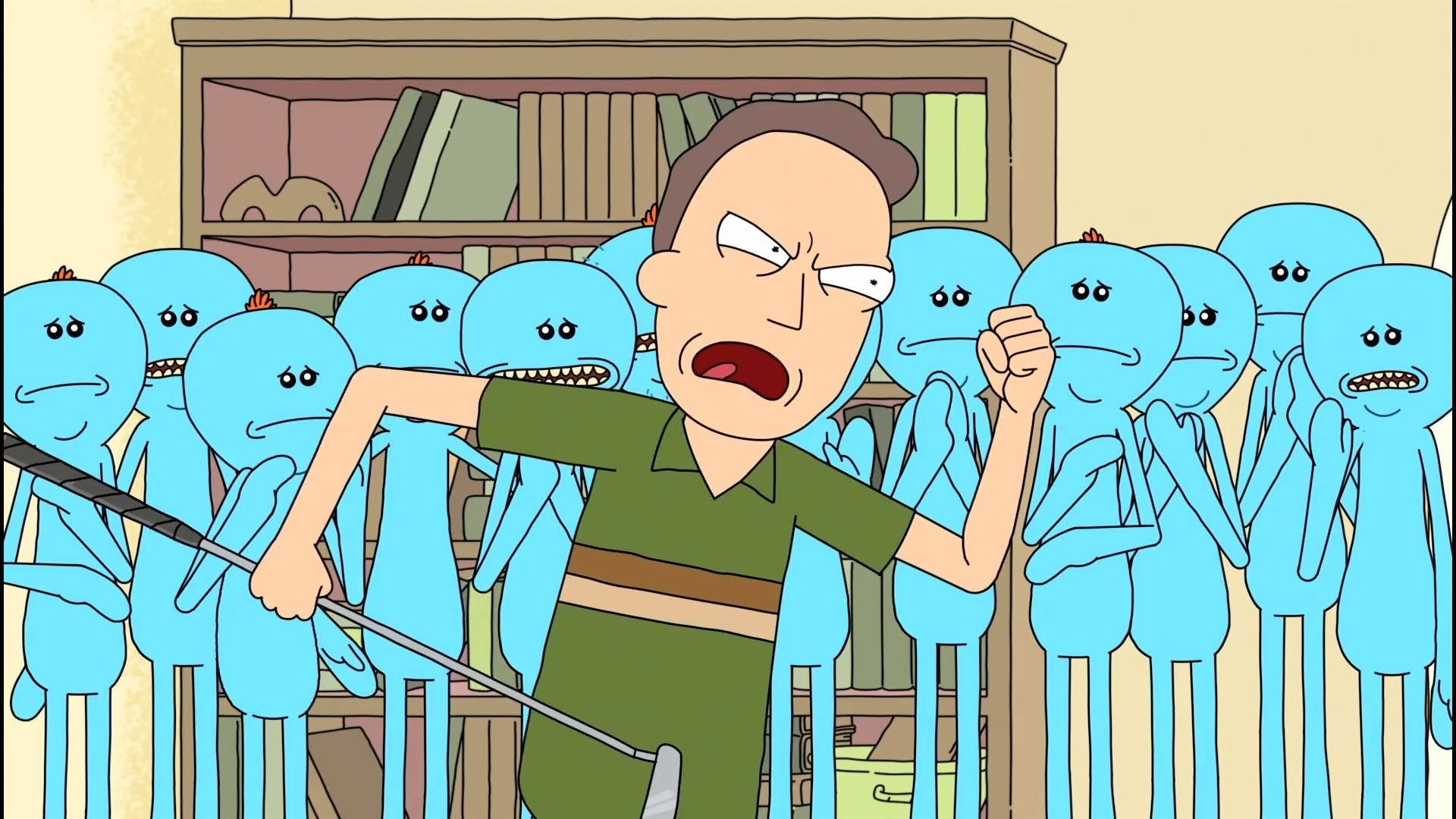 Meeseeks 桌布 壁紙 — 一個穿著綠色襯衫的憤怒男人在一個擺滿書架的房間裡揮動高爾夫球桿，周圍環繞著藍色外星生物。