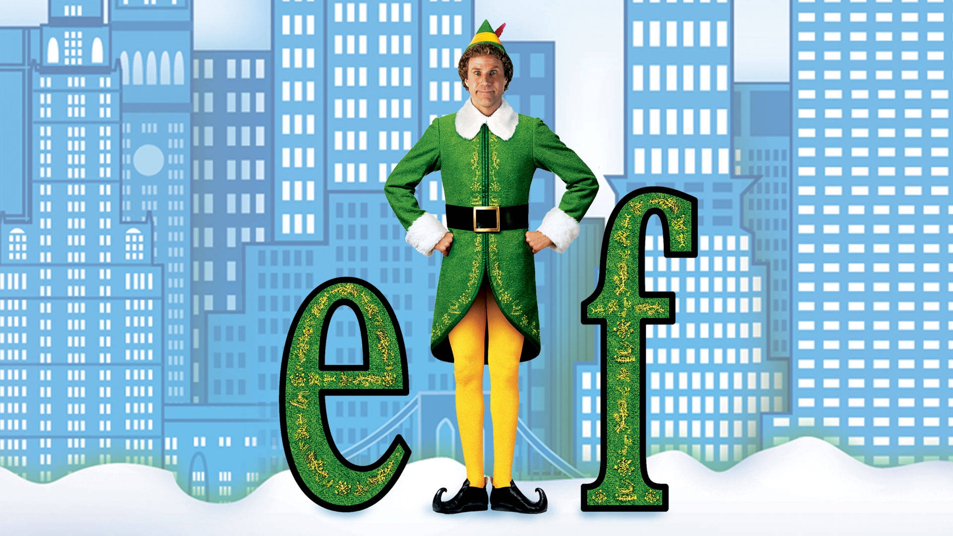 will ferrell 桌布 壁紙 — 一個穿著綠色西裝的快樂精靈自信地站在一個風格化的城市景觀前，上面有大型裝飾字母拼出 'elf'。