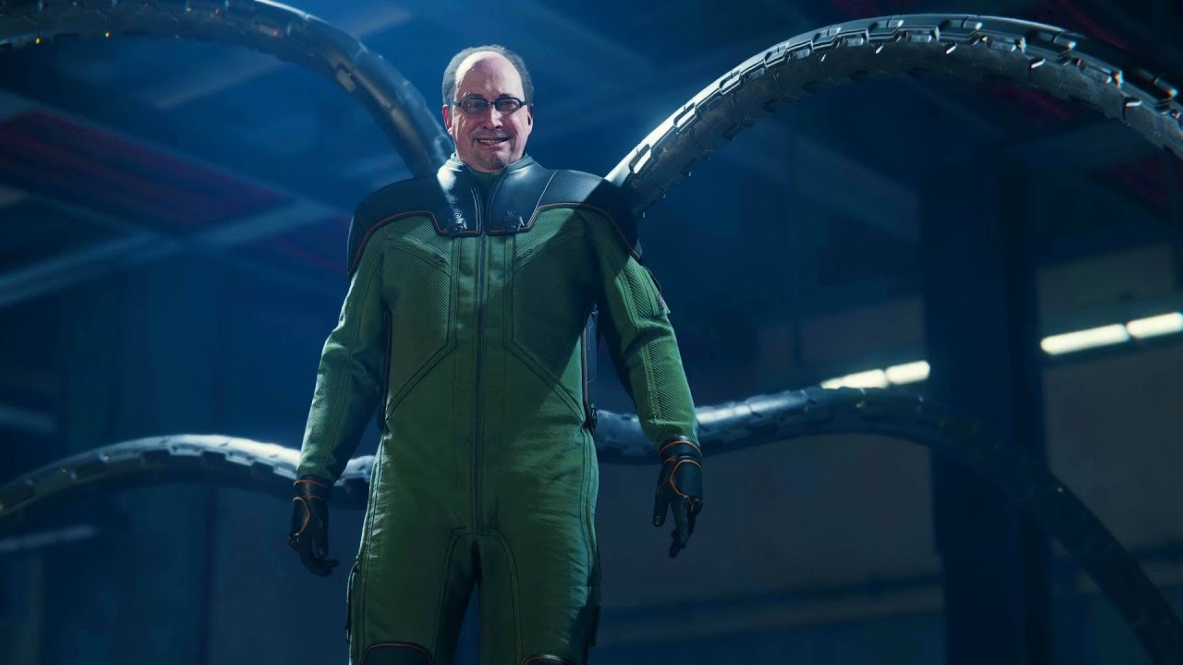 Doctor Octopus 桌布 壁紙 — 一個穿著綠色西裝的男人，身後有機械觸手，站在光線昏暗的工業環境中。