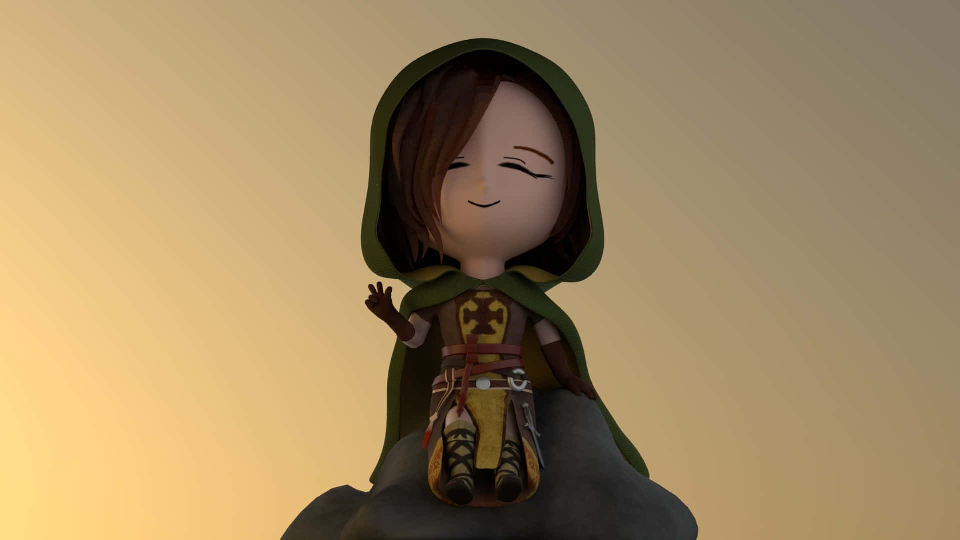 Dark Souls Emerald Herald 桌布 壁紙 — 一個穿著綠色連帽斗篷的Q版冒險者坐在岩石上，在柔和的金色漸層背景下溫暖地微笑。