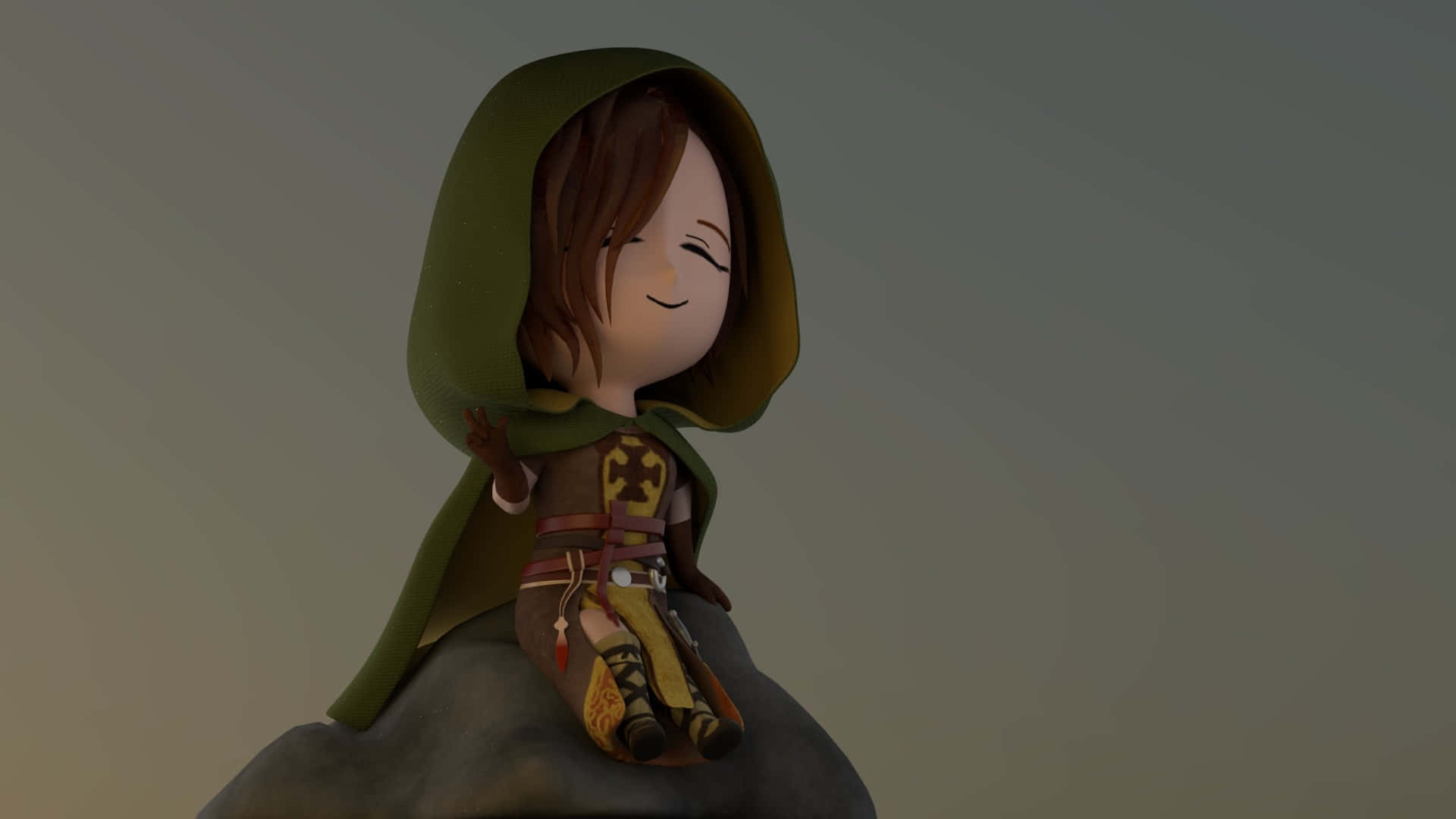Dark Souls Emerald Herald 桌布 壁紙 — 一個穿著綠色連帽斗篷的Q版動畫角色，平靜地坐在岩石上，帶著安詳的微笑。