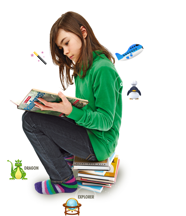 Reading 桌布 壁紙 — 一個穿著綠色連帽衫的小女孩盤腿坐在一堆書上，閱讀一本旅遊指南，周圍環繞著漂浮的卡通圖標。