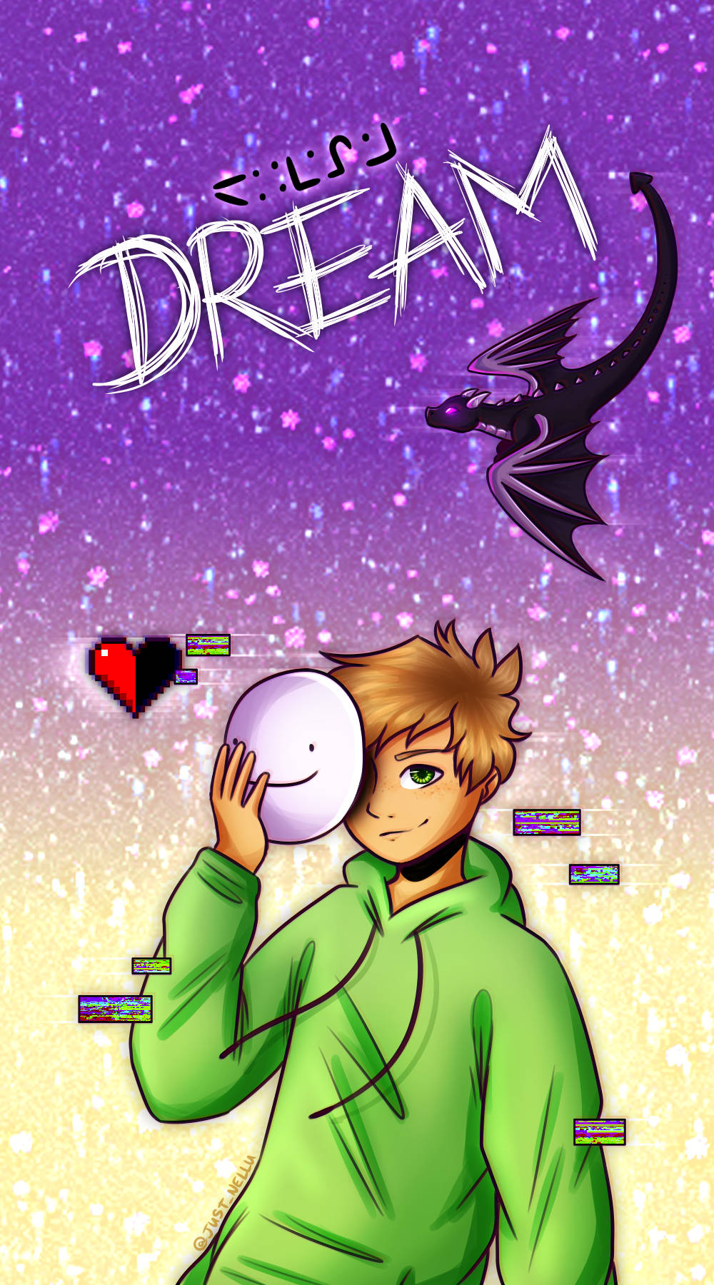 我的世界 夢境 桌布 壁紙 — 一個穿著綠色連帽衫的年輕動漫男孩，手持微笑的月亮，背景是閃爍的紫色漸變天空，有一條飛龍和「DREAM」文字。