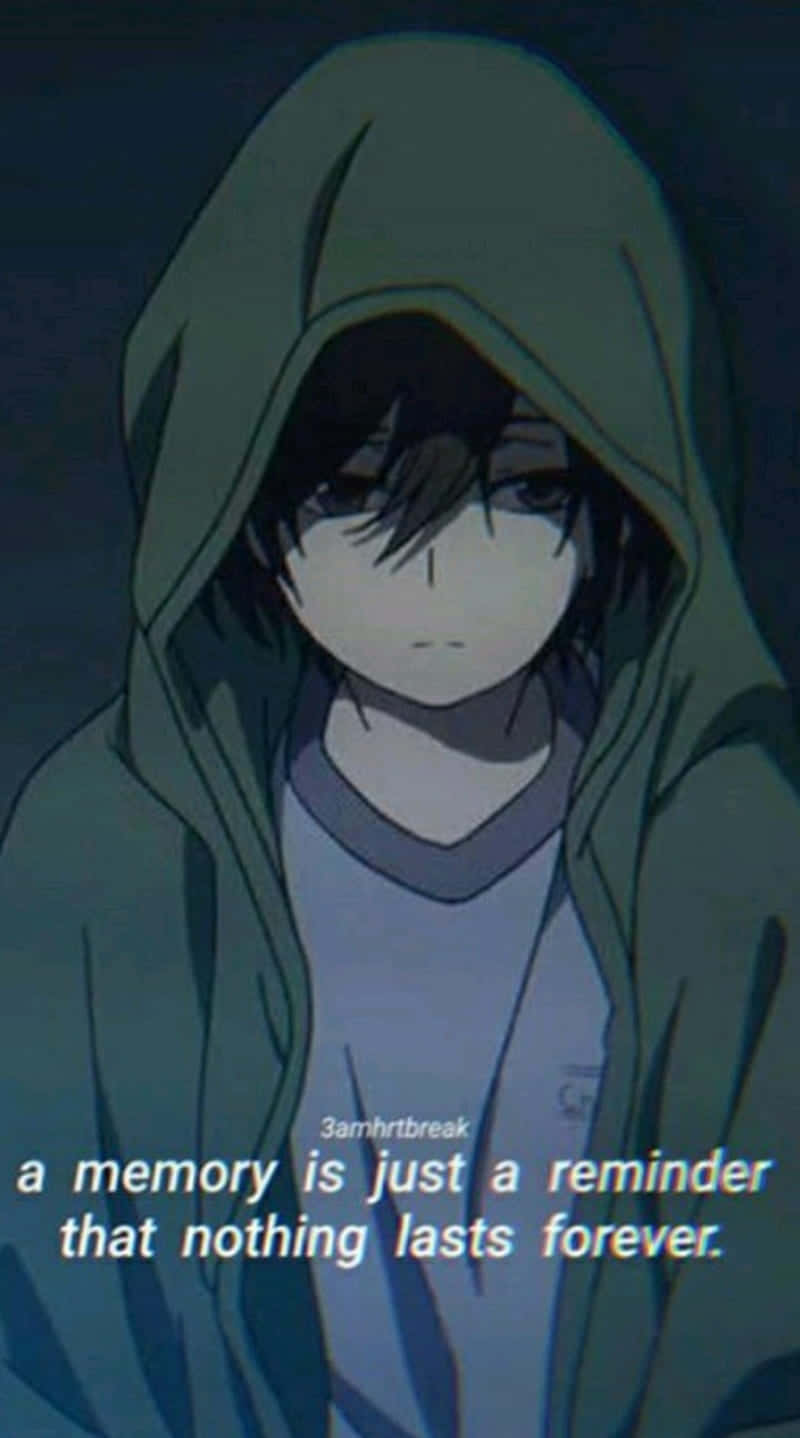 Sad Anime Quotes 桌布 壁紙 — 一個穿著綠色連帽衫的憂鬱動漫男孩，在昏暗的藍色燈光下低頭凝視，上面覆蓋著一句令人心酸的引言。