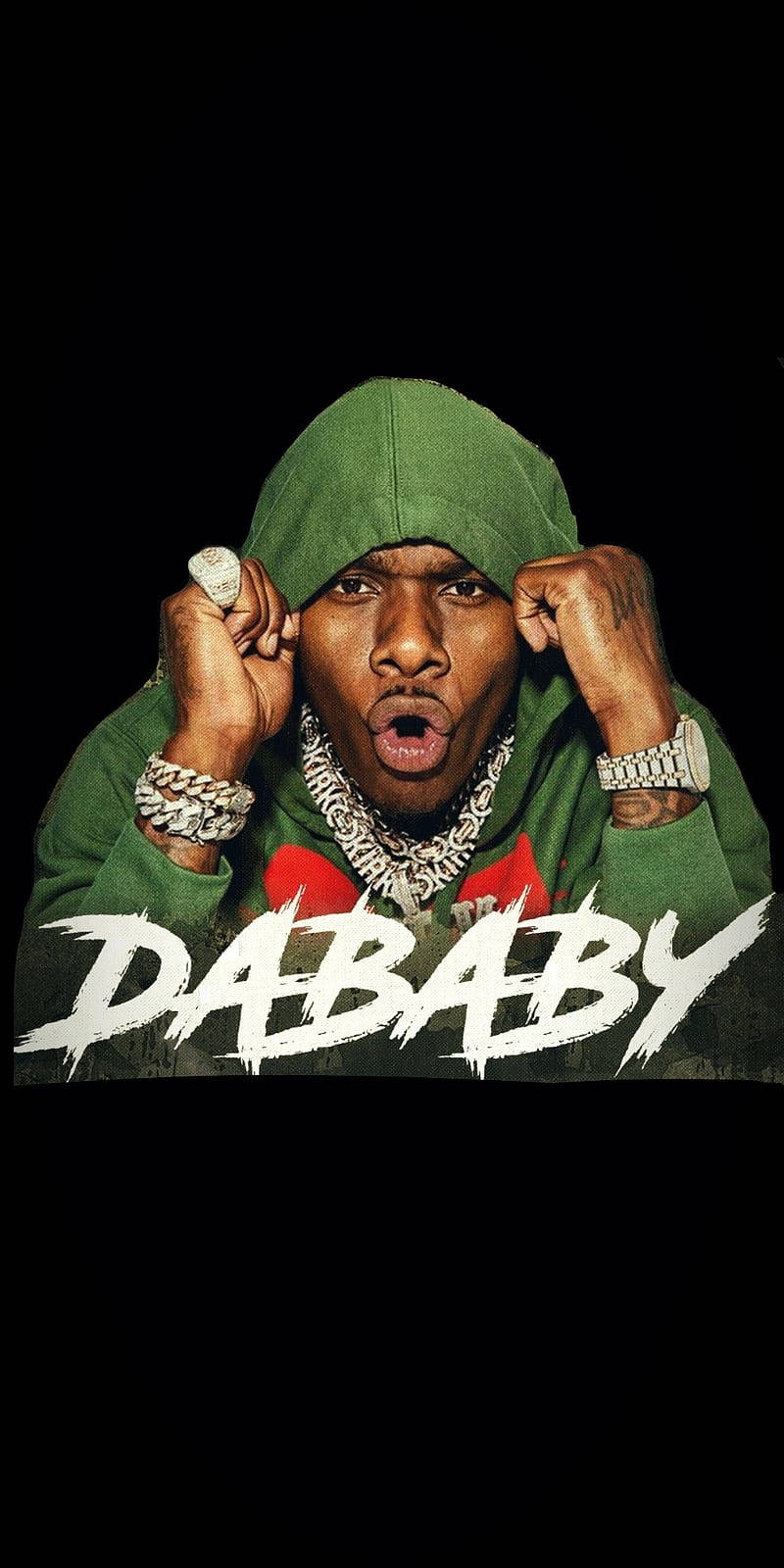 Hip Hop 桌布 壁紙 — 一個穿著綠色連帽衫的男人，雙手放在耳朵上，張開嘴巴，背景為黑色，帶有「DABABY」文字。