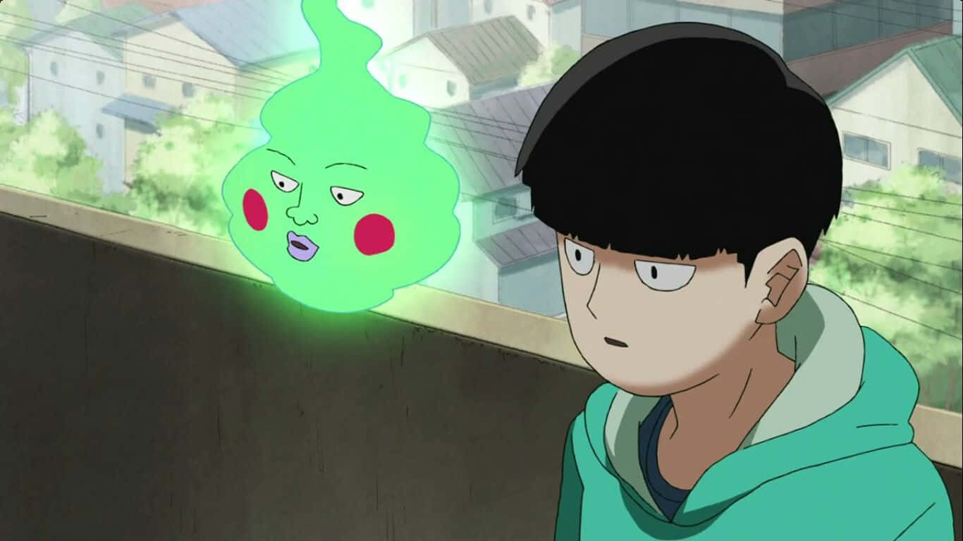 Mob Psycho 100 Ekubo 桌布 壁紙 — 一個穿著綠色連帽衫的男孩盯著一個發光的綠色幽靈，幽靈有玫瑰色的臉頰和不高興的表情。