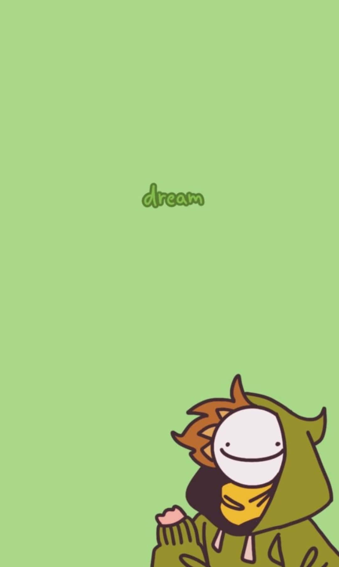 Dream Smp 桌布 壁紙 — 一個穿著綠色連帽衫的開心卡通角色在右下角微笑，背景是純淺綠色，上方漂浮著「夢想」一詞。