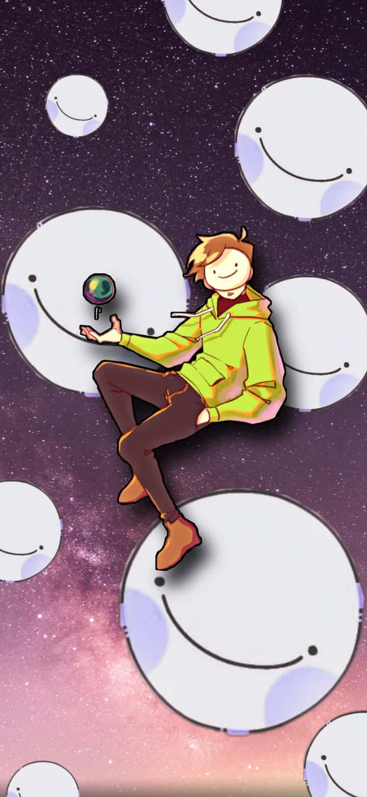 Dream Smp 桌布 壁紙 — 一個穿著綠色連帽衫的開朗動畫男孩在微笑的月亮狀球體之間漂浮，背景是星空宇宙。