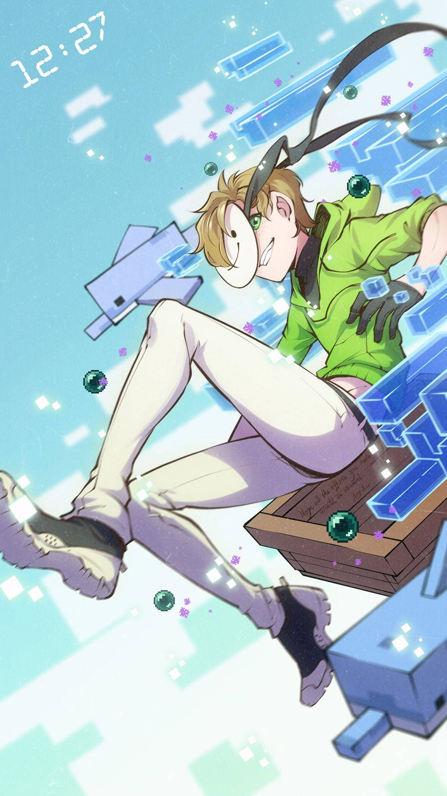 Dream Smp 桌布 壁紙 — 一個穿著綠色連帽衫的開朗動畫男孩漂浮在明亮的數位空間中，周圍環繞著發光的藍色水晶和漂浮的齒輪。