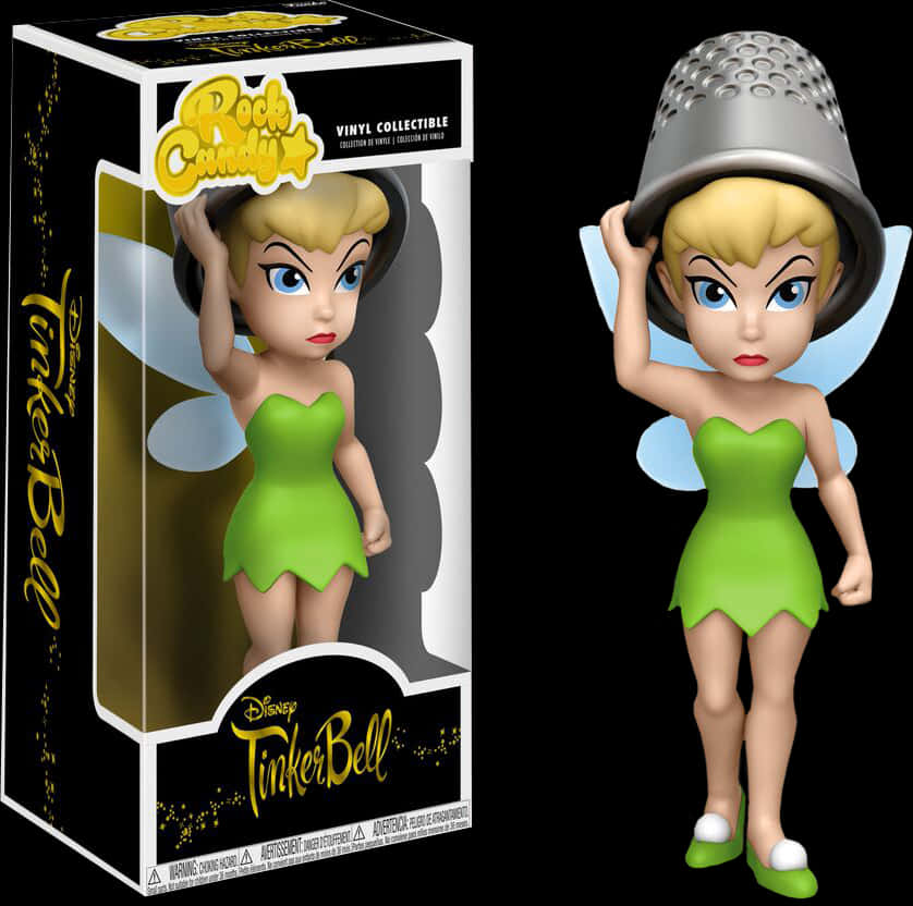 奇妙仙子 動圖 桌布 壁紙 — 一個穿著綠色連衣裙的Q版小叮噹（Tinker Bell）乙烯基人偶，頭上頂著一個金屬濾網，旁邊是她的收藏盒。