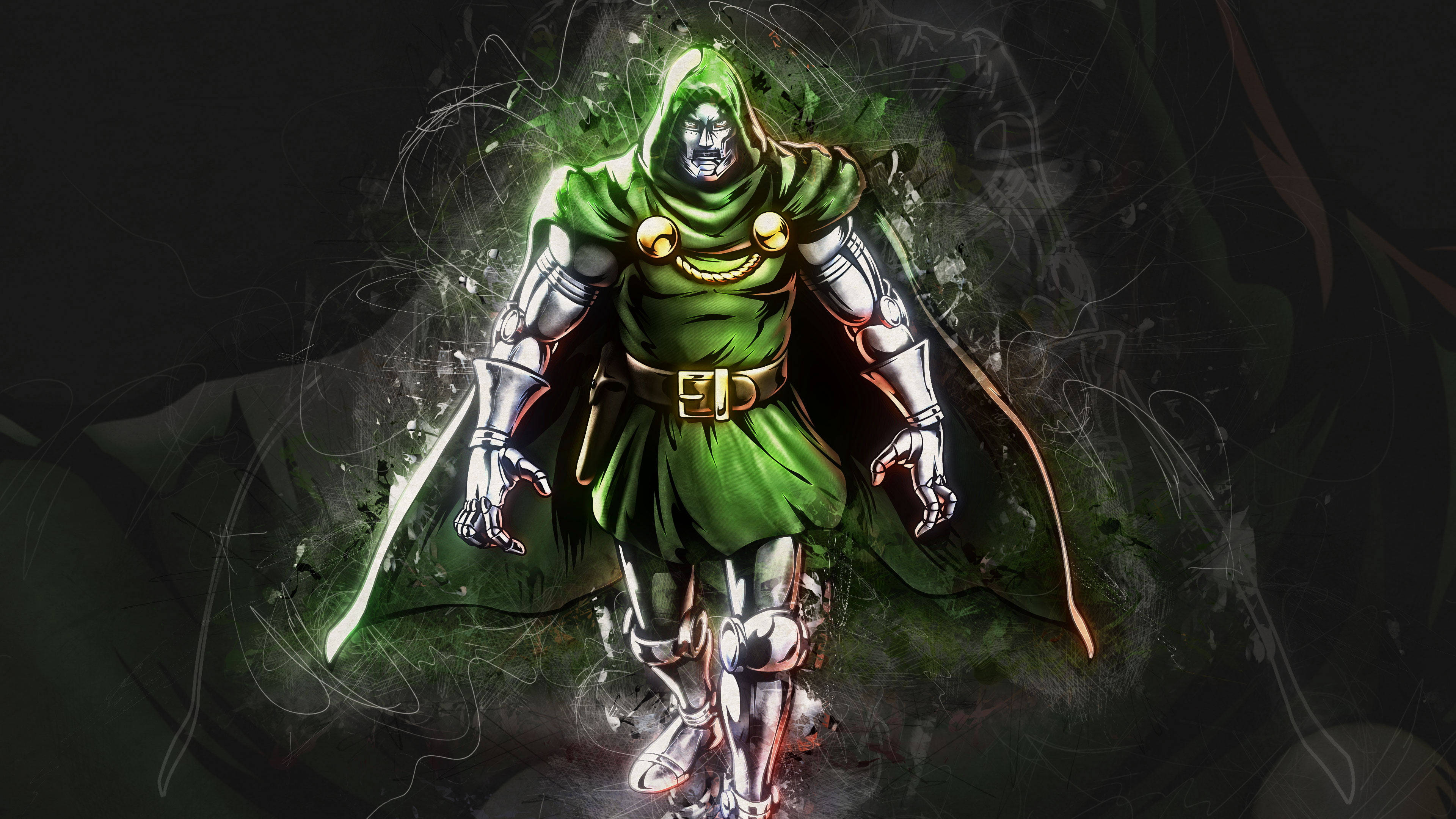 Doctor Doom 桌布 壁紙 — 一個穿著綠色長袍、威嚇的末日博士站在黑煙中，發光的能量在他裝甲形態周圍旋轉。
