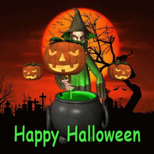 Spooky 桌布 壁紙 — 一個穿著綠色長袍的女巫，在冒泡的大鍋上方舉著一個傑克南瓜燈，背景是火橙色的滿月和陰森的墓地。
