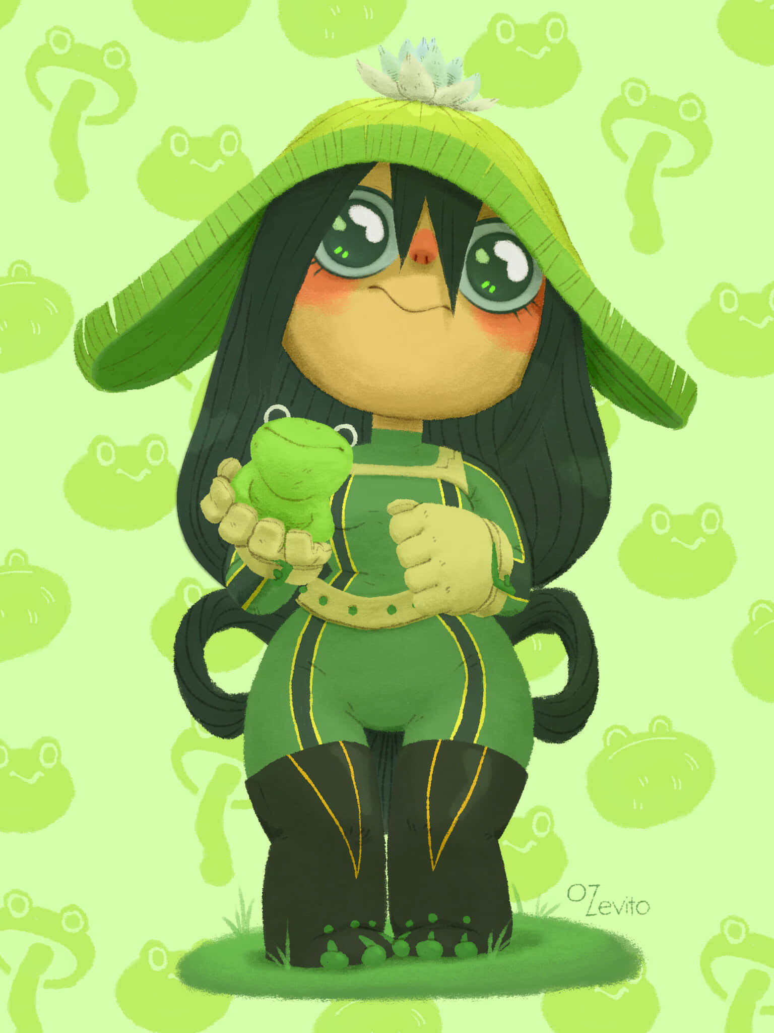 Froppy 桌布 壁紙 — 一個穿著綠色青蛙主題裝備的Q版動漫女孩，在青蛙圖案背景前拿著一隻小青蛙。