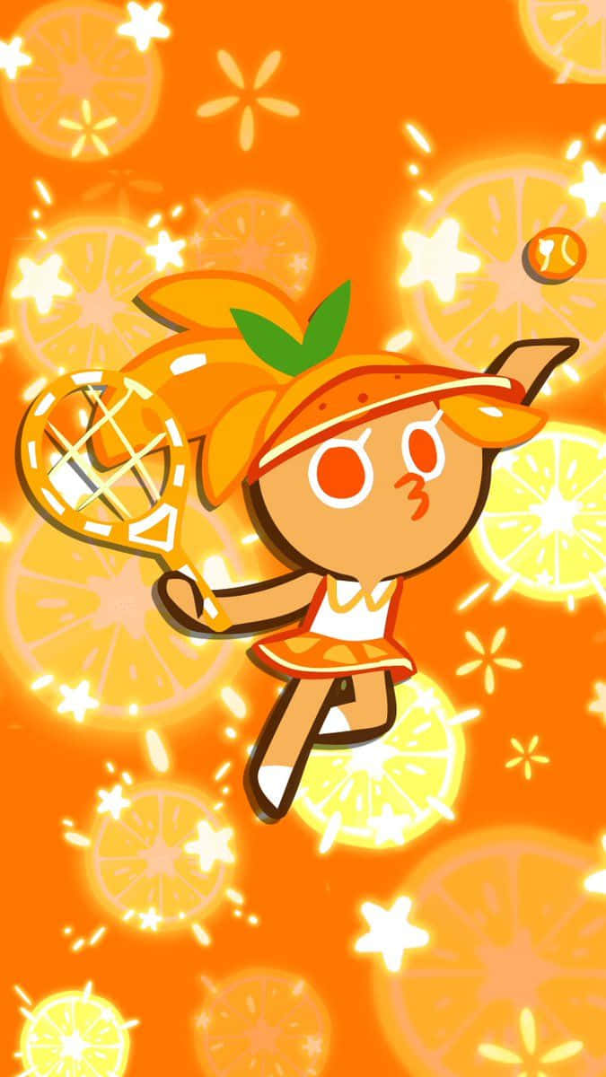 Cookie Run 桌布 壁紙 — 一個穿著網球裝的開心橙色餅乾角色，在充滿柑橘片和閃爍星星的鮮豔橙色背景上動態跳躍。