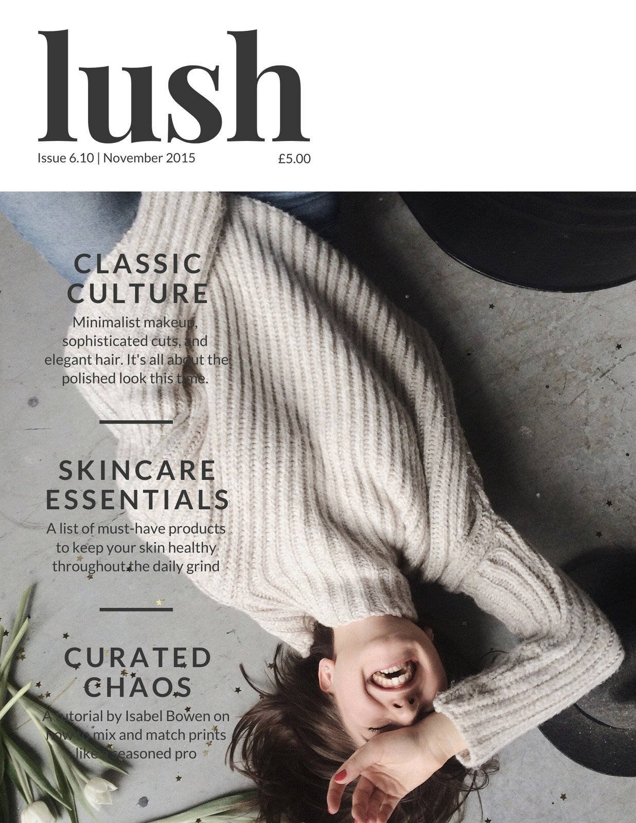 雜誌 桌布 壁紙 — 一個穿著羅紋毛衣的女人倒立在混凝土地上大笑，周圍環繞著文字和白色鬱金香。