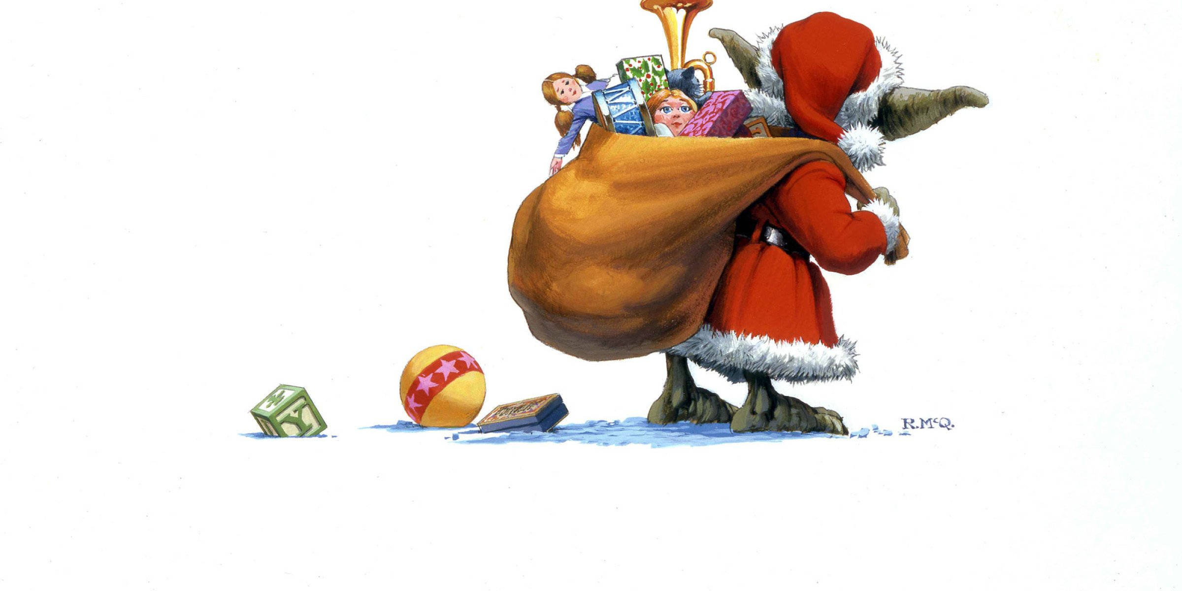 Santa Claus 桌布 壁紙 — 一個穿著聖誕老人服裝的奇幻哥布林，在一個裝滿玩具的袋子下掙扎，孩子們從純白背景中探出頭來。
