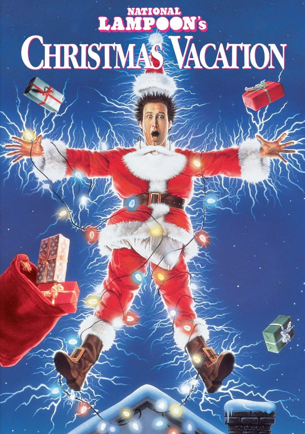 Christmas Vacation 桌布 壁紙 — 一個穿著聖誕老人服裝的男人，在雪覆蓋的屋頂背景下，被電燈和飛舞的禮物電擊。