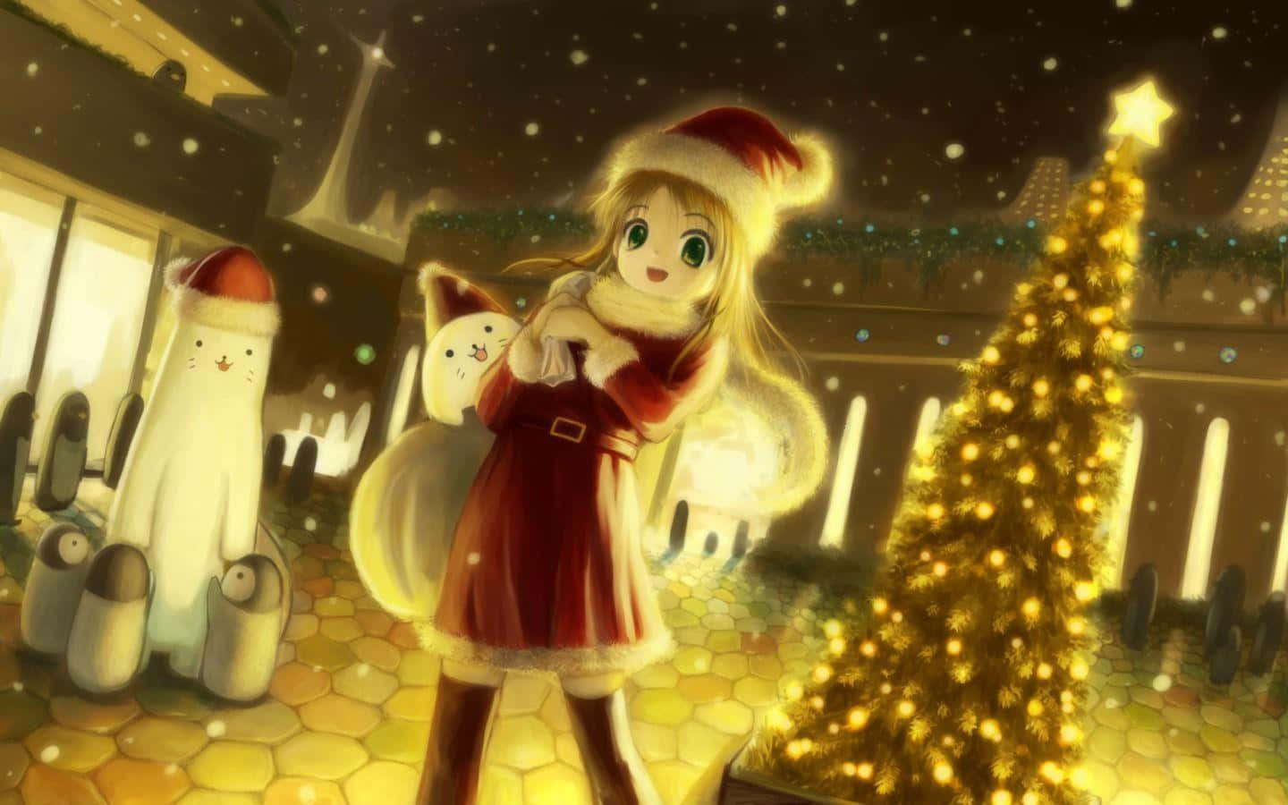 動漫聖誕 桌布 壁紙 — 一個穿著聖誕老人服裝的開朗動漫女孩在飄雪中擁抱雪人，旁邊是一棵閃閃發光的聖誕樹。