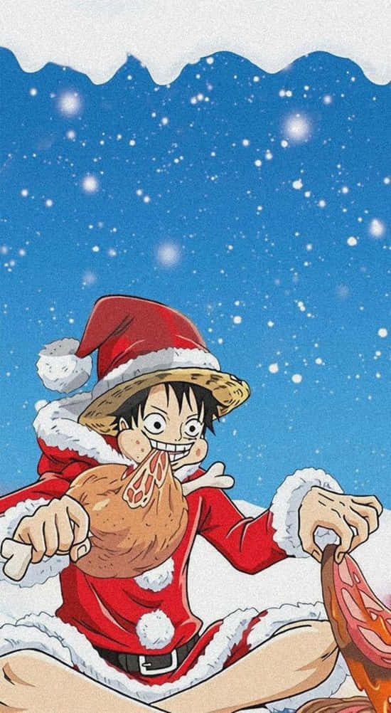 桌布 壁紙 — 一個穿著聖誕老人服裝的開朗動畫男孩，在雪白的藍天下快樂地吃著一隻巨大的火雞。