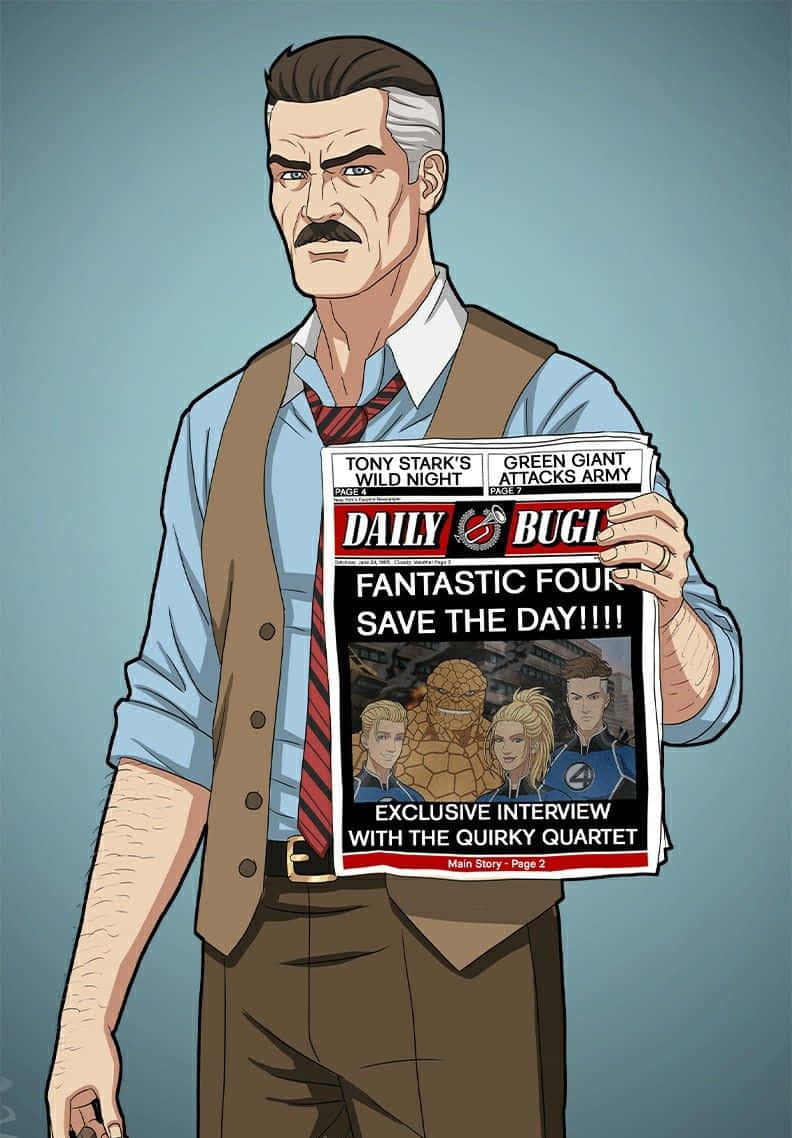 J Jonah Jameson 桌布 壁紙 — 一個穿著背心的嚴肅男人拿著一本《驚奇四超人》漫畫書，帶有粗體標題和超級英雄封面。