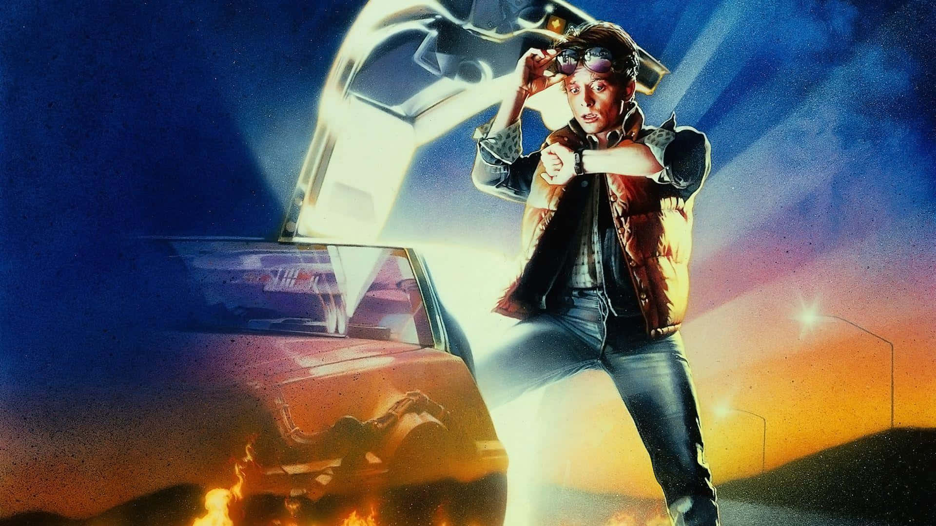 michael j fox 桌布 壁紙 — 一個穿著背心的年輕男子站在一輛燃燒的DeLorean旁邊，一輛時光機在他上方懸浮，背景是黃昏的天空。