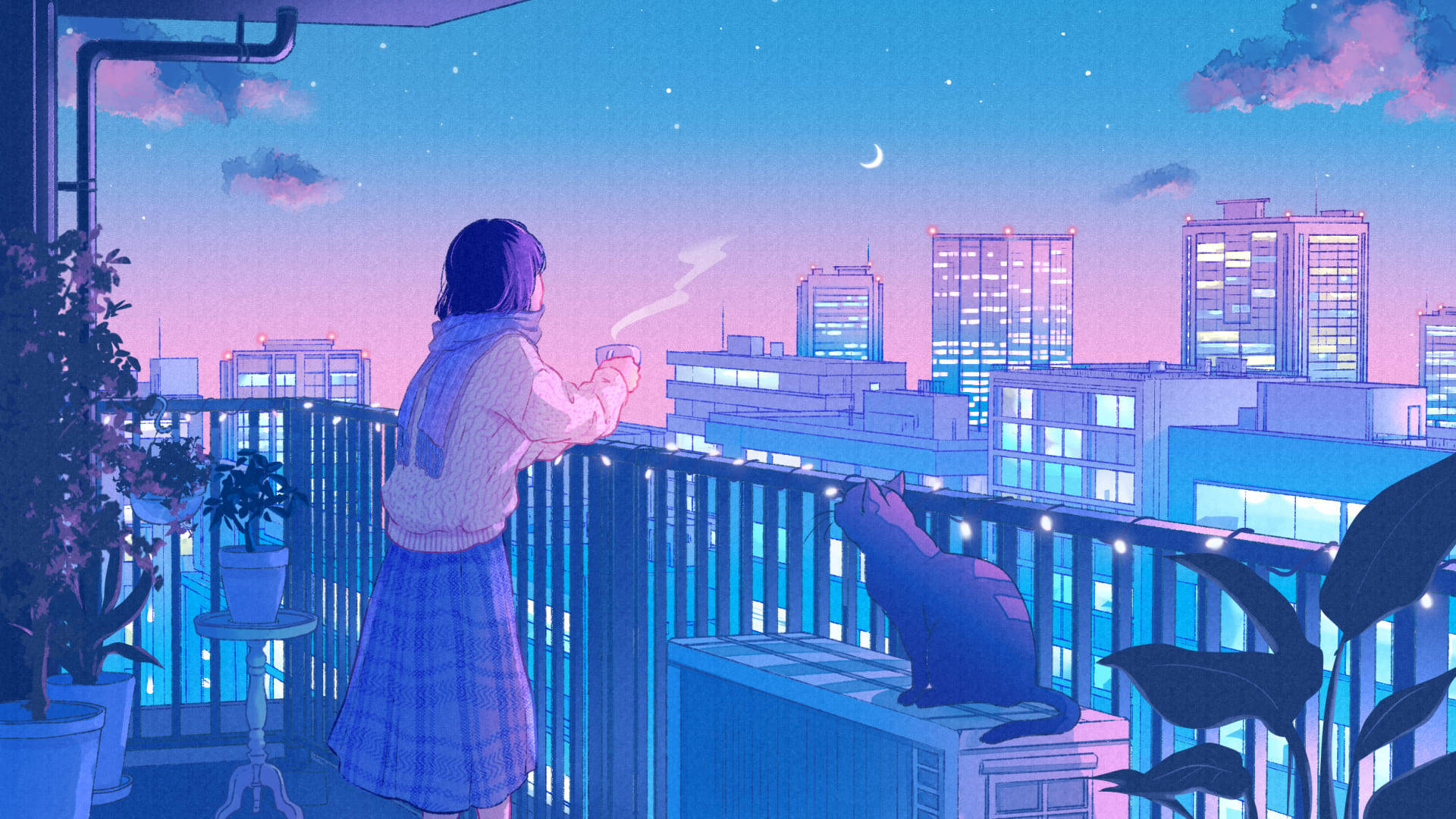 女孩與貓在陽台上享受星空下的茶。 — 卡通貓咪動圖 壁紙