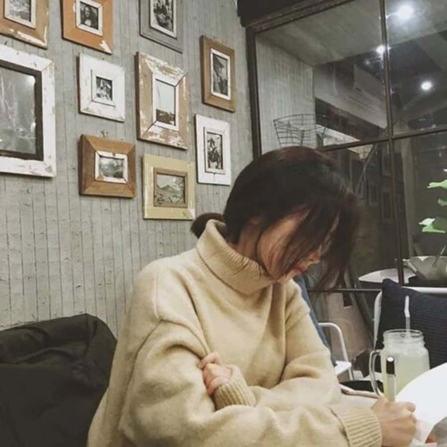 Study Girl 桌布 壁紙 — 一個穿著舒適米色高領毛衣的人坐在光線溫暖的咖啡廳桌子旁，身後牆上掛著復古相框照片。