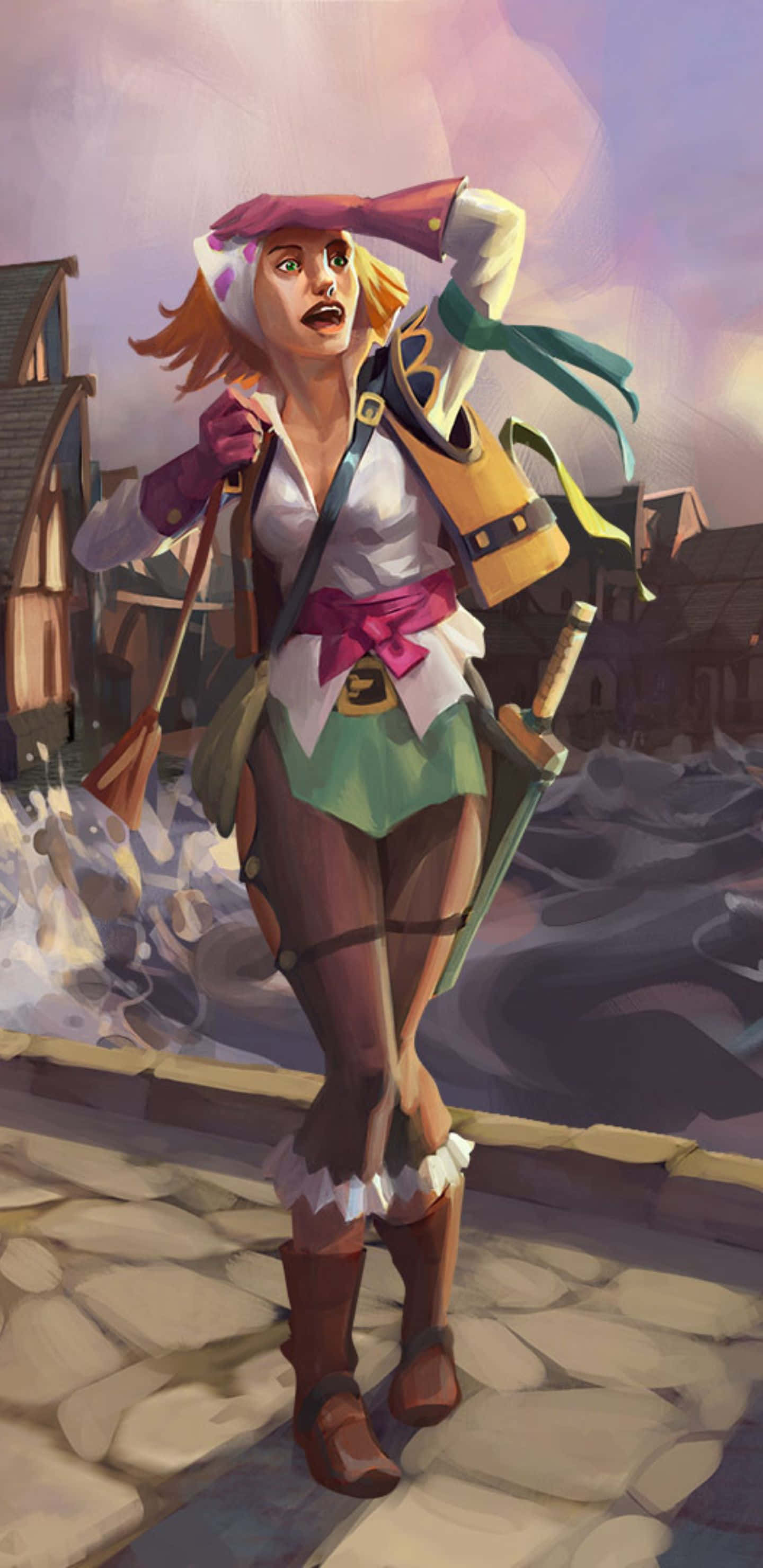 Pixel 3xl Runescape 桌布 壁紙 — 一個穿著色彩繽紛海盜裝的驚訝冒險家，手持劍站在鵝卵石街道上。