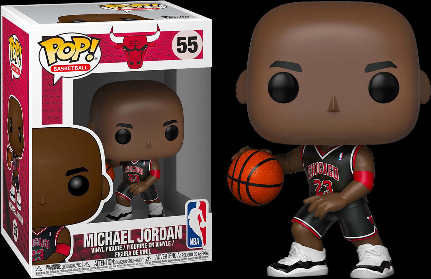 邁克爾·喬丹 桌布 壁紙 — 一個穿著芝加哥公牛隊球衣的麥可喬丹 Funko Pop! 乙烯基公仔，旁邊有收藏盒，手持籃球。