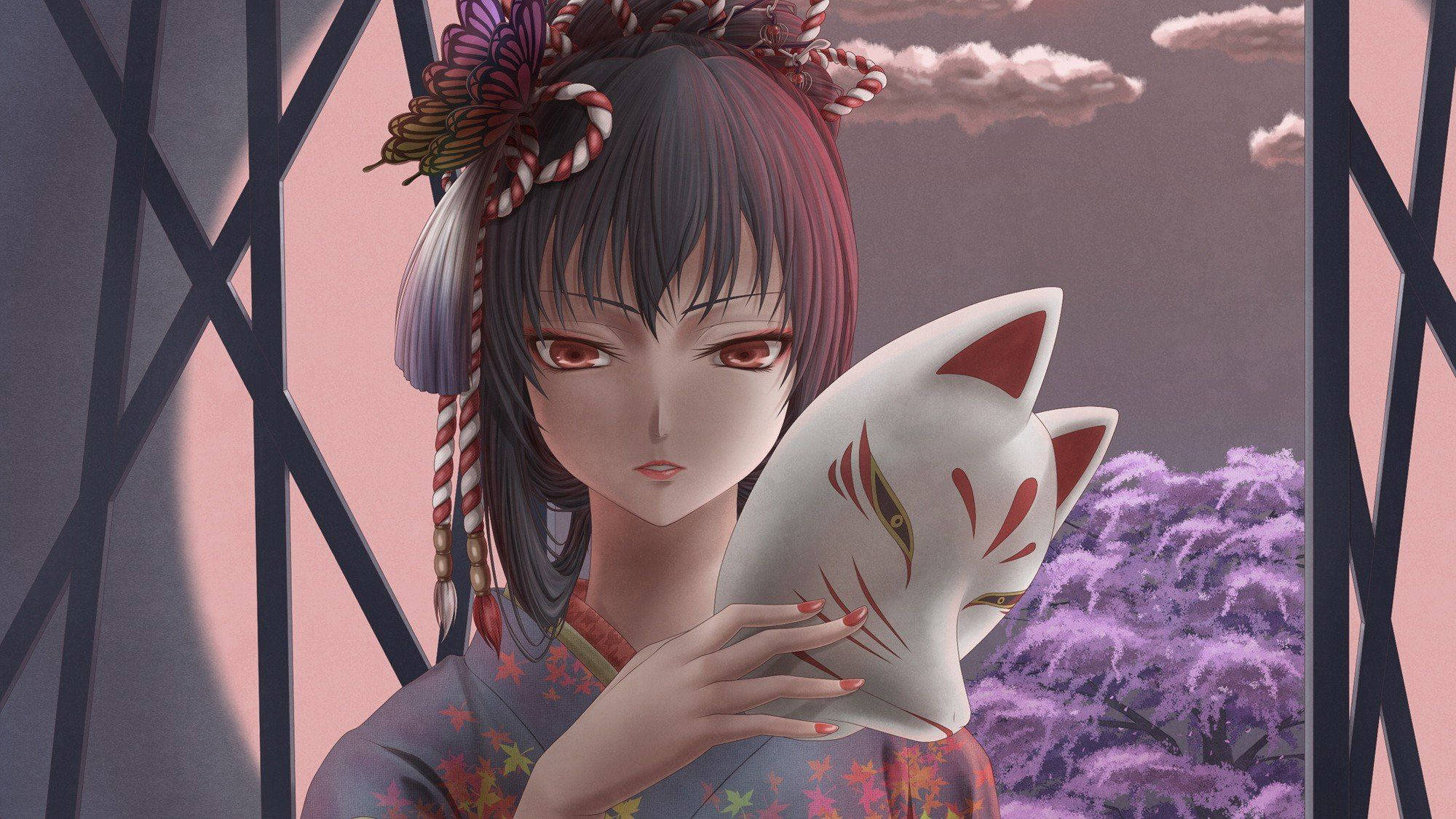 動漫女孩 桌布 壁紙 — 一個穿著花卉和服的寧靜動漫女孩，手持白色狐狸面具，背景是帶有紫色花朵的粉紅色天空。