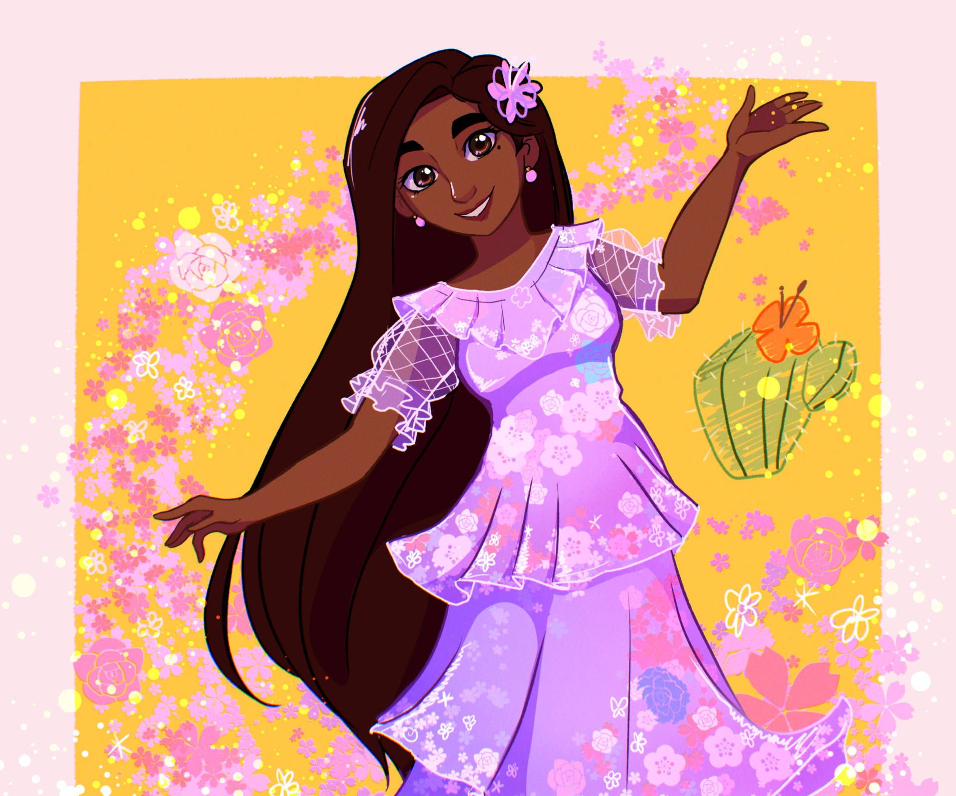 Isabela 桌布 壁紙 — 一個穿著花卉紫色連衣裙的快樂動畫女孩在溫暖的黃色背景中，在飄浮的粉紅色花朵間跳舞。
