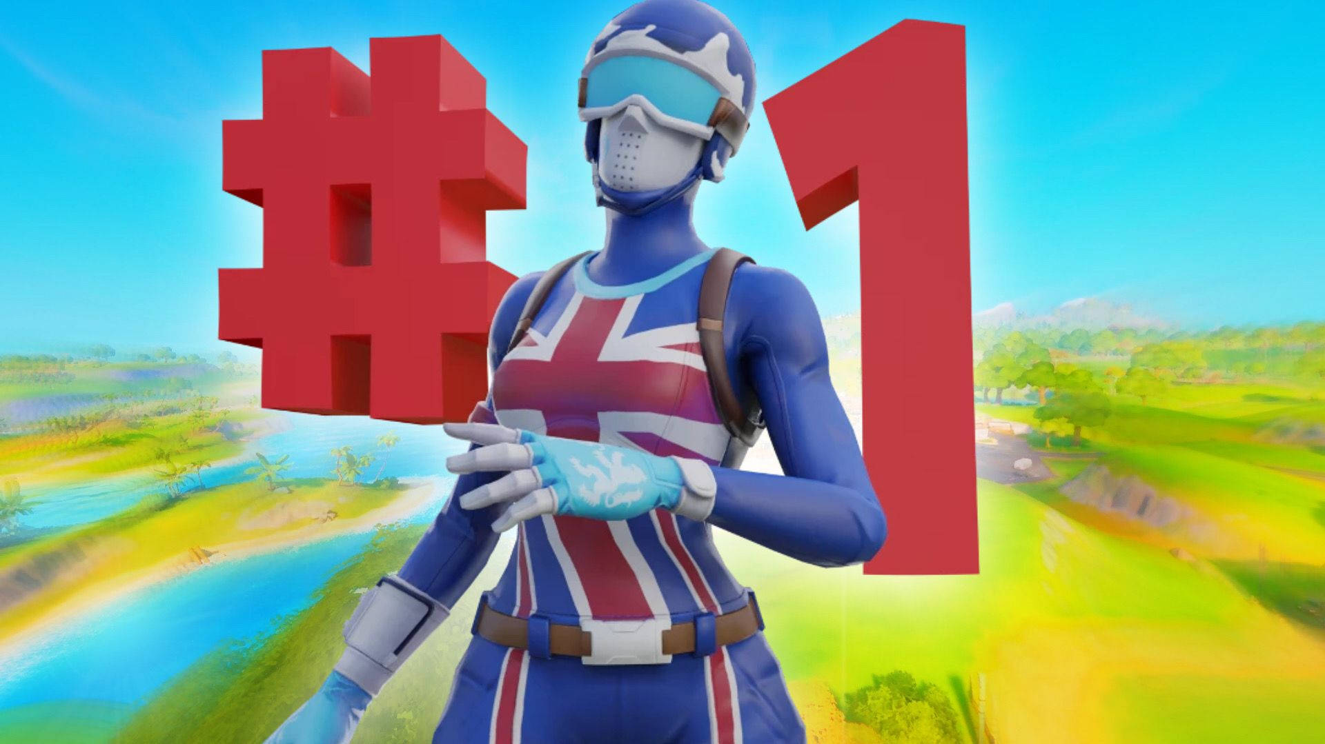 Fortnite 造型 桌布 壁紙 — 一個穿著英國國旗服裝的Fortnite角色，在明亮的卡通風格風景中，自豪地站在一個巨大的紅色數字一旁邊。