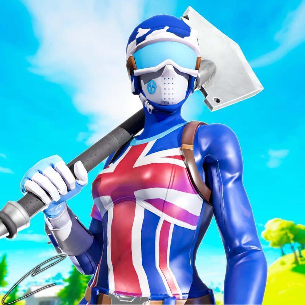 Fortnite Cool 桌布 壁紙 — 一個穿著英國國旗連身衣的Fortnite角色，在藍天白雲下揮舞鎬子。