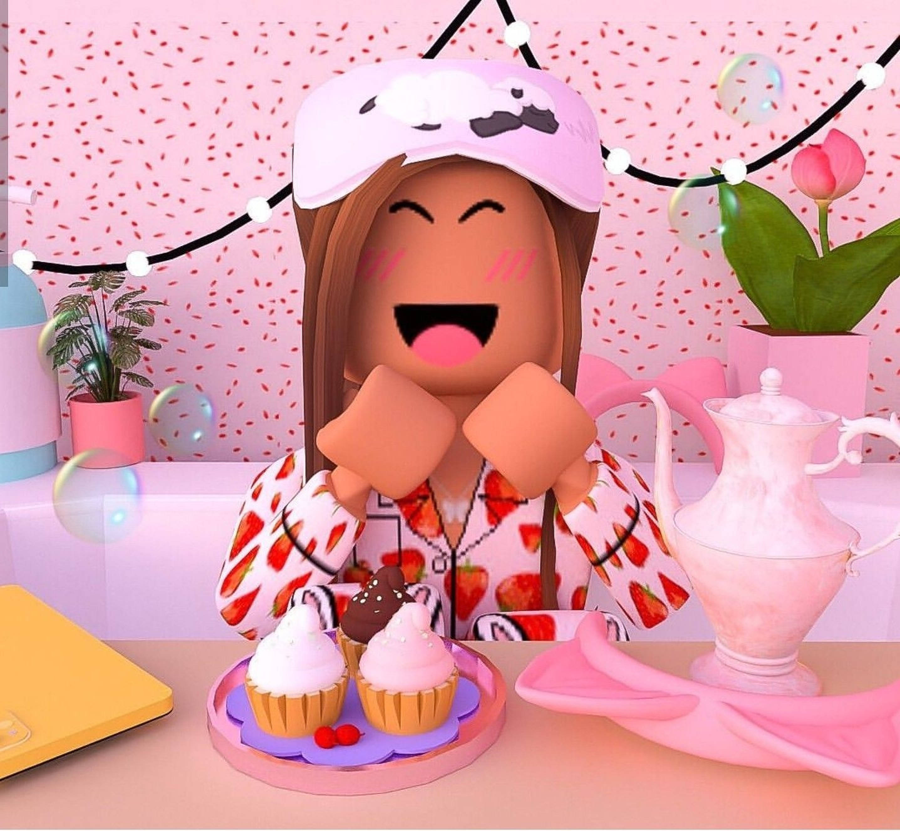 Roblox Girl 桌布 壁紙 — 一個穿著草莓睡衣的快樂Roblox頭像，在粉彩粉紅色的房間裡享受杯子蛋糕和茶，周圍有泡泡，正在大笑。
