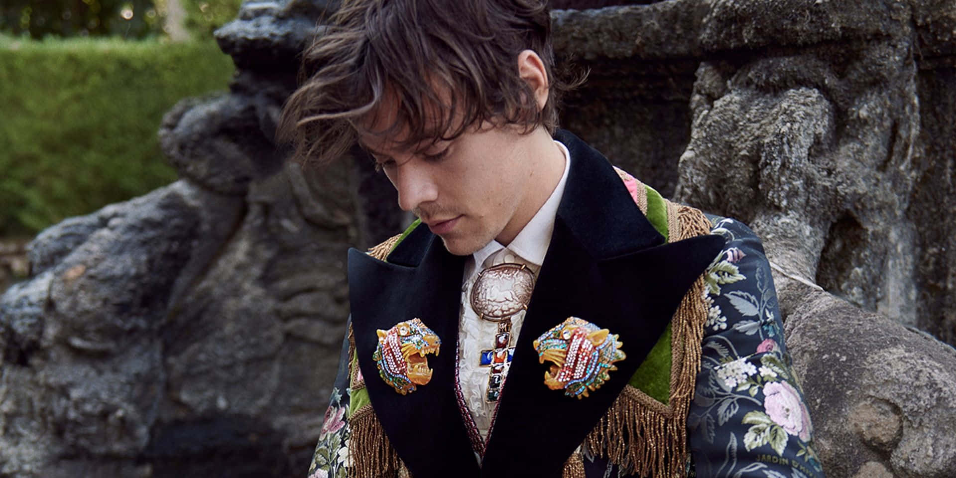 Harry Styles Laptop 桌布 壁紙 — 一個穿著華麗刺繡外套、帶有老虎胸針的男人靠在花園的石頭廢墟上。