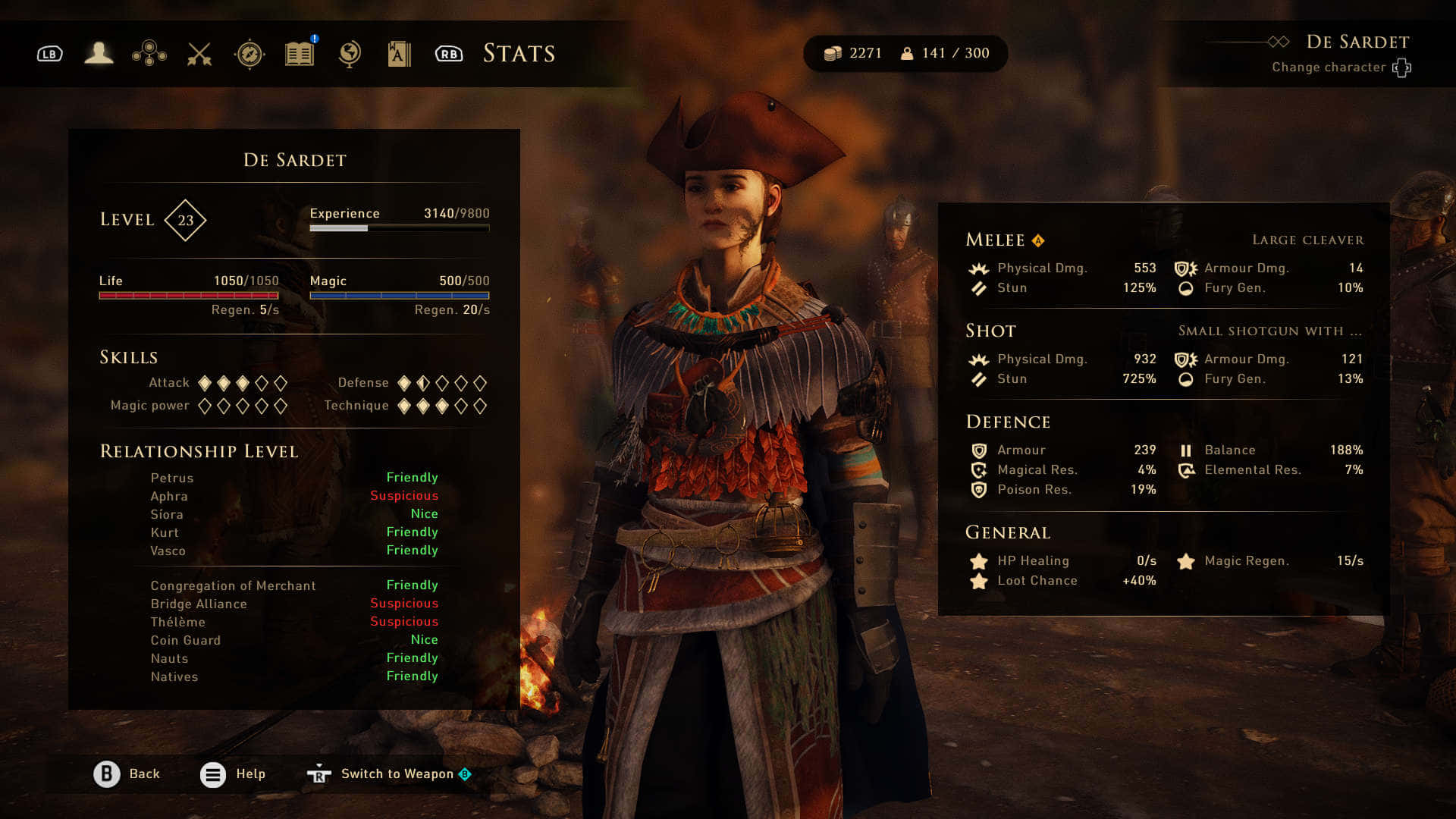 Greedfall 桌布 壁紙 — 一個穿著華麗部落盔甲的角色站在營火前，帶有詳細的統計數據疊加在電子遊戲介面上。