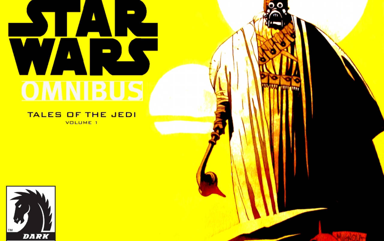 Jedi 桌布 壁紙 — 一個穿著華麗長袍的威脅性蒙面人物，站在明亮的黃色背景前，帶有粗體的Star Wars Omnibus文字。