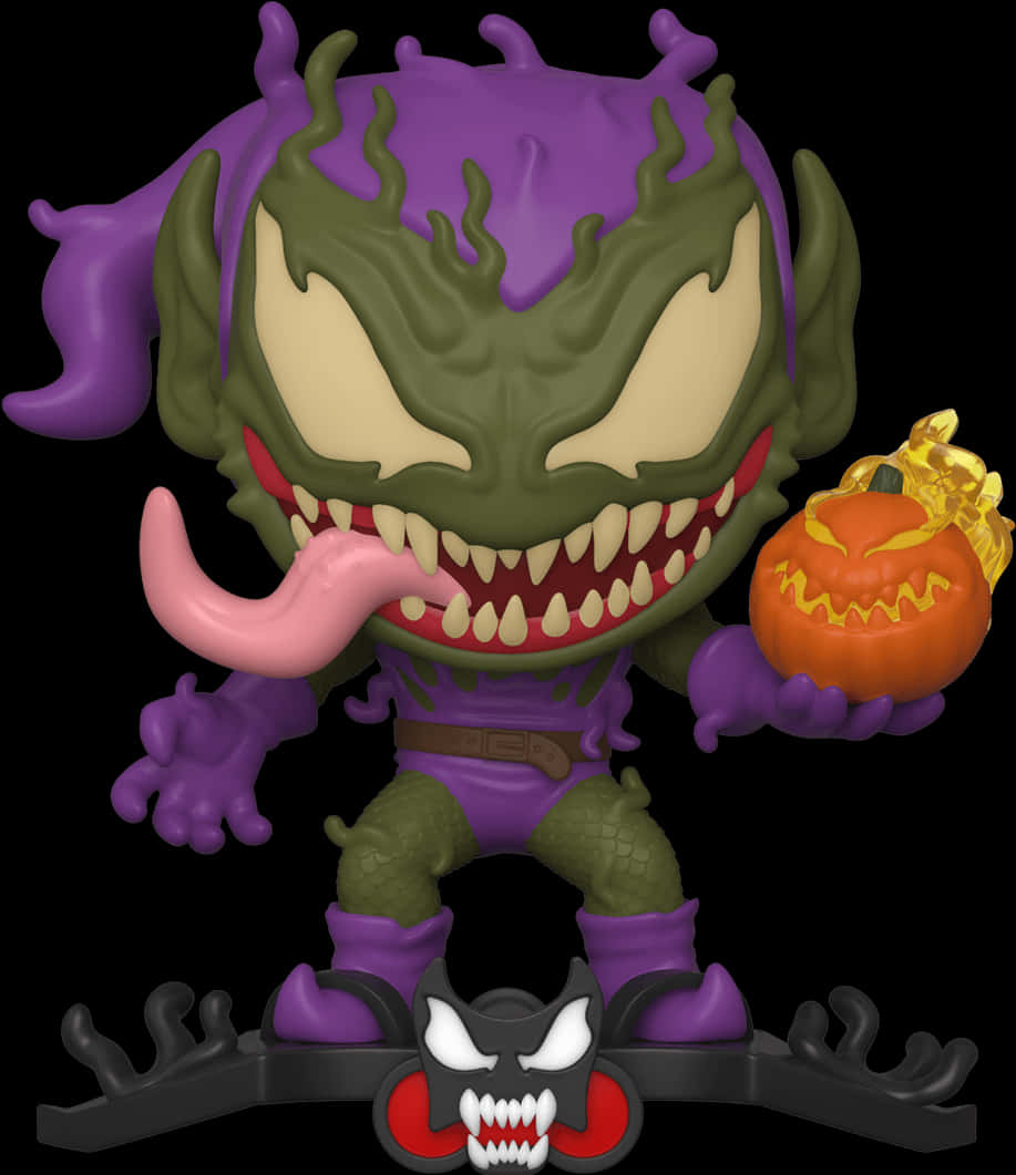 Villain 桌布 壁紙 — 一個穿著萬聖節服裝的猛毒 Funko Pop! 人偶，在黑色背景前拿著一個雕刻南瓜。