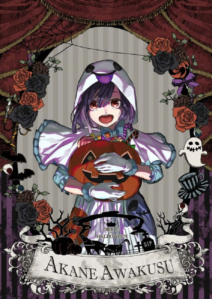 Akane Awakusu 桌布 壁紙 — 一個穿著萬聖節服裝的開朗動漫女孩，手持被玫瑰和恐怖裝飾包圍的南瓜燈。