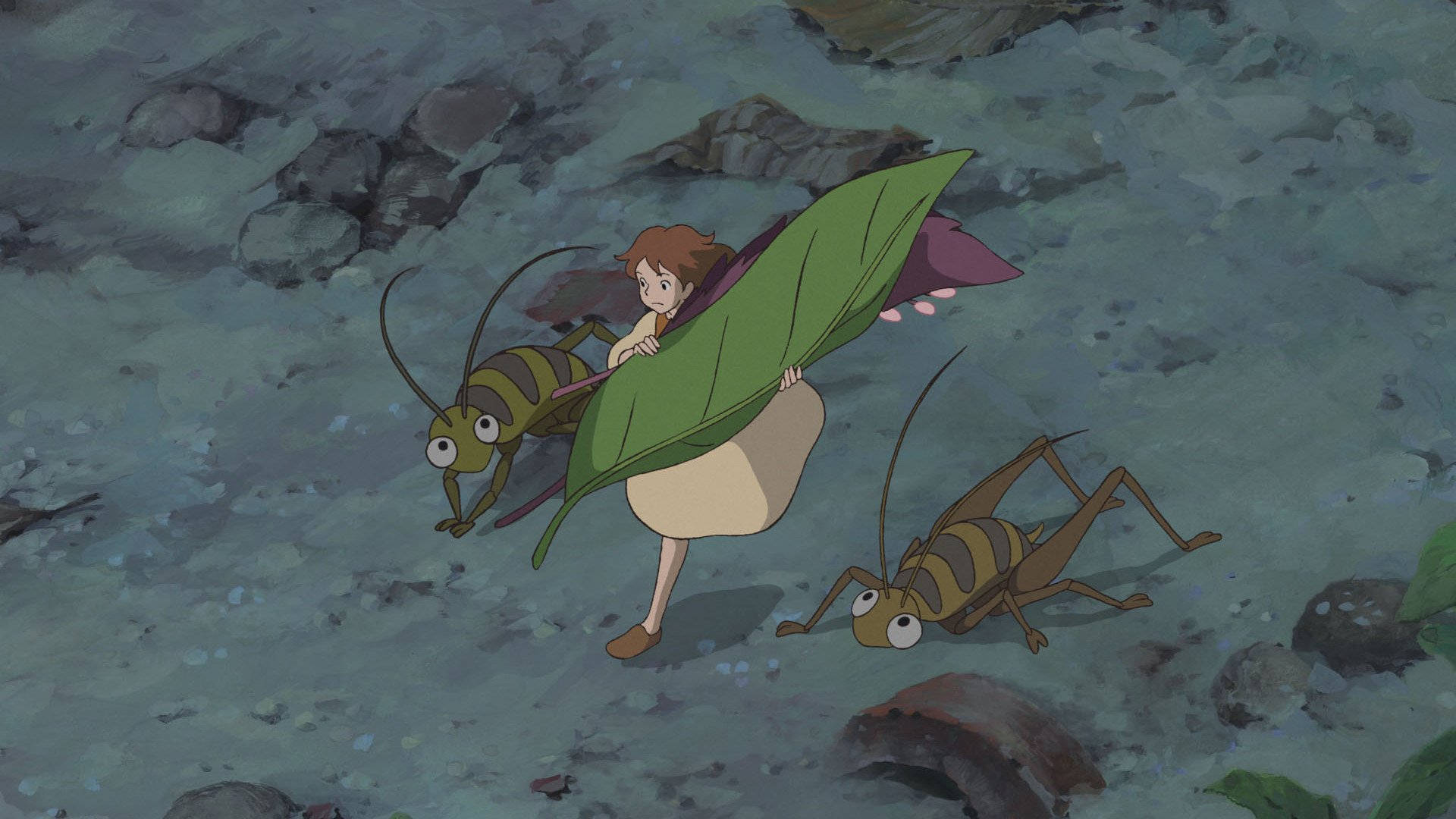 Arrietty 桌布 壁紙 — 一個穿著葉子斗篷的小女孩，在岩石森林地面上，與兩隻大型動畫蚱蜢一起行走。