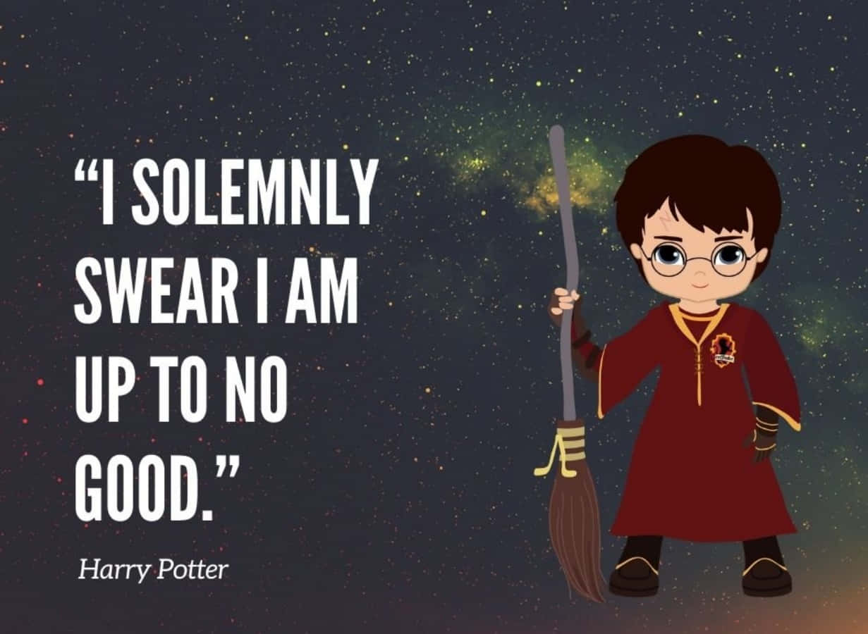 Harry Potter Quotes 桌布 壁紙 — 一個穿著葛萊芬多長袍的Q版哈利波特，在星空夜晚中拿著掃帚，並附有一句著名台詞。