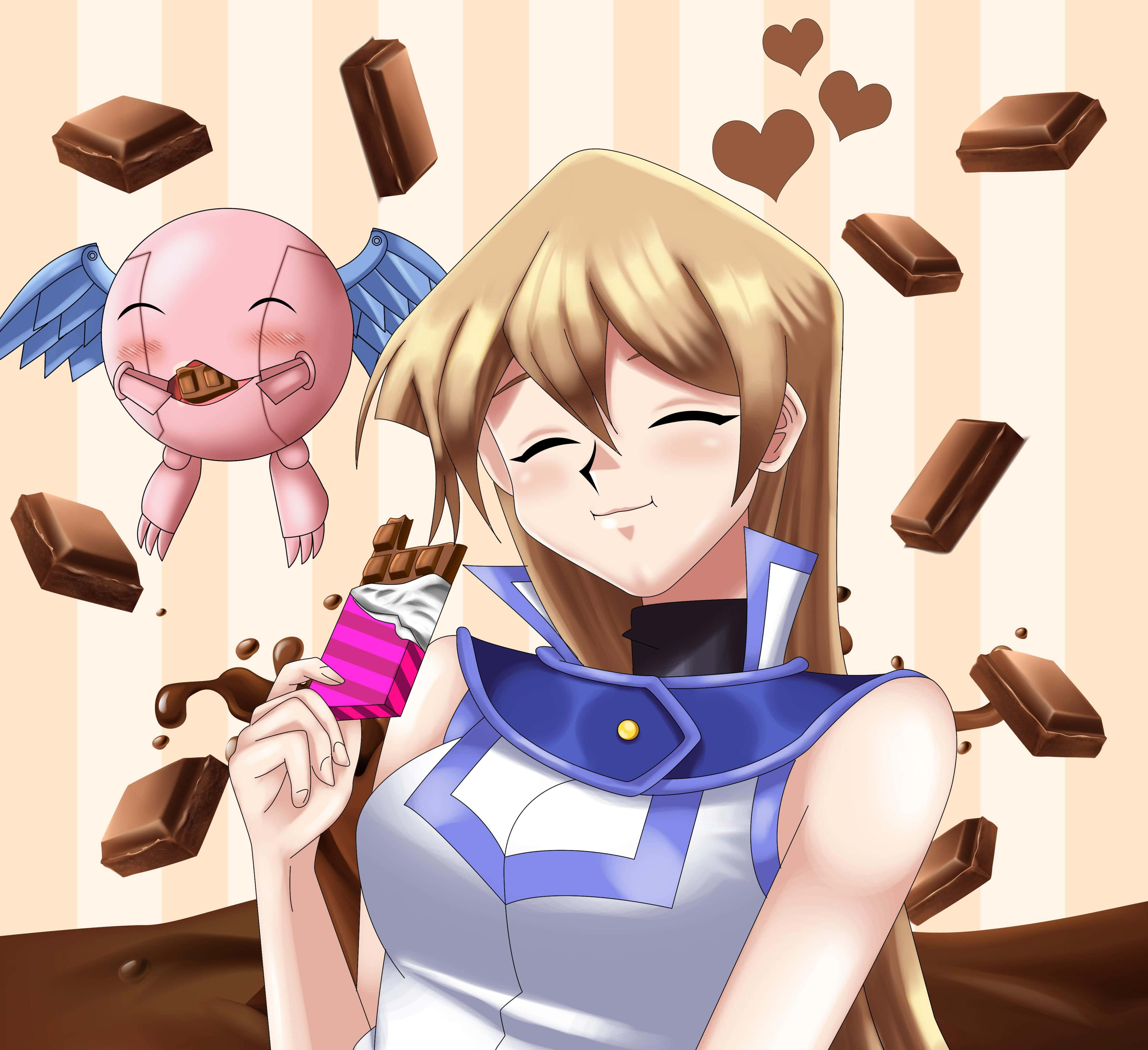 Alexis Rhodes 桌布 壁紙 — 一個穿著藍白服裝的開朗動漫女孩，開心地吃著巧克力，旁邊有一隻粉紅色有翼生物。