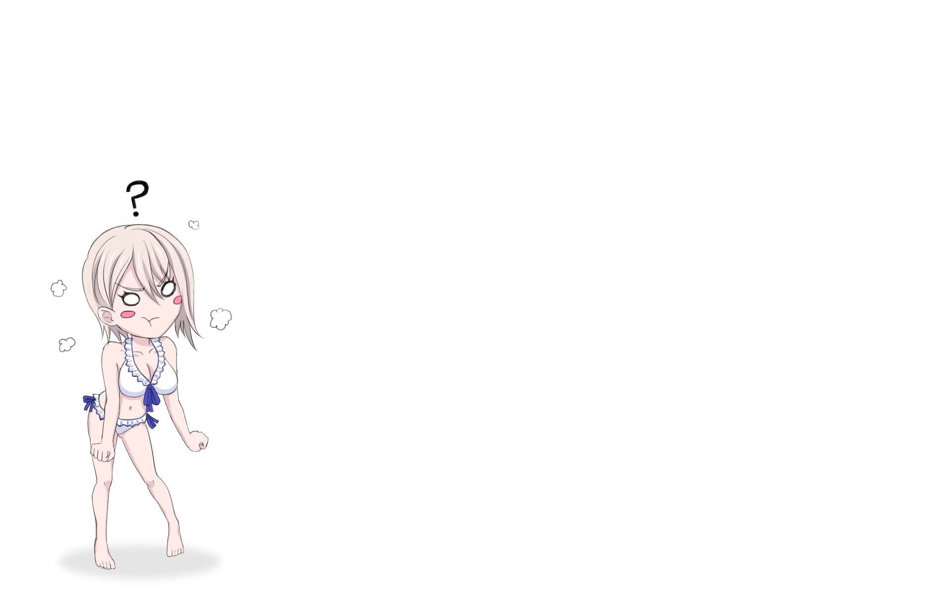 food wars shokugeki no soma 桌布 壁紙 — 一個穿著藍白比基尼的Q版動漫女孩，頭上有一個問號，看起來很困惑。