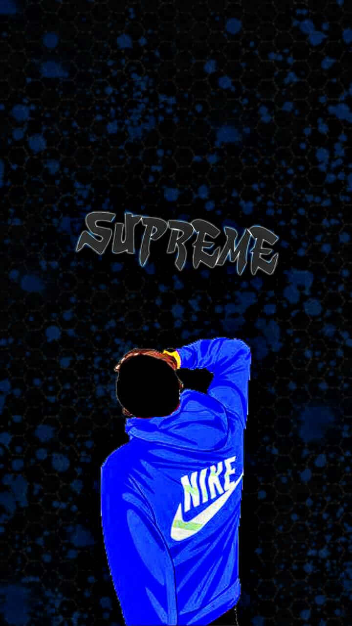 blue supreme 桌布 壁紙 — 一個穿著藍色Nike連帽衫的風格化人物站在深藍色斑點背景前，上方漂浮著Supreme字樣。