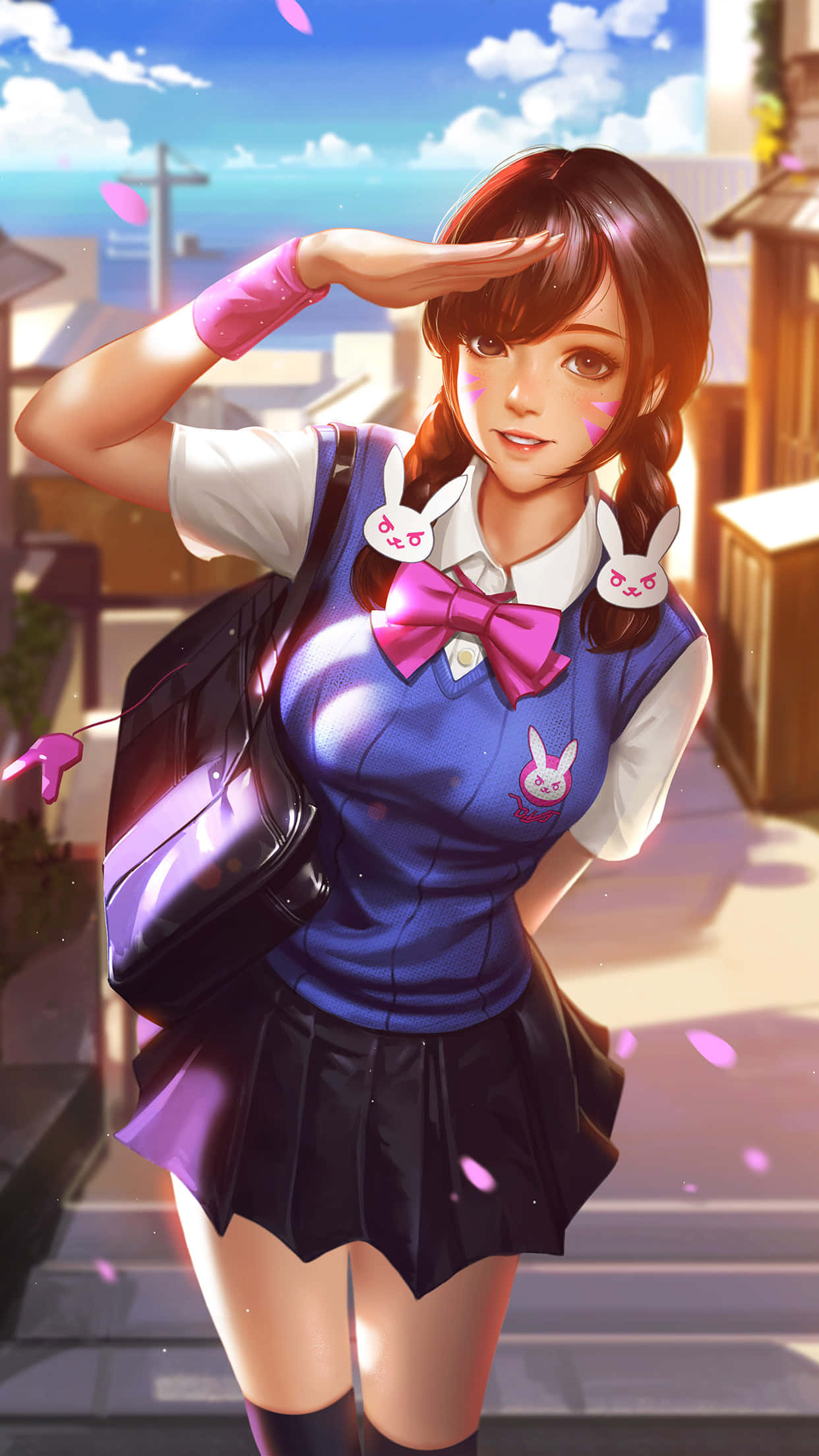 鬥陣特攻 桌布 壁紙 — 一個穿著藍色兔子圖案校服的開心動漫女孩，在陽光明媚的城市環境中敬禮，粉紅色花瓣在她周圍飄揚。