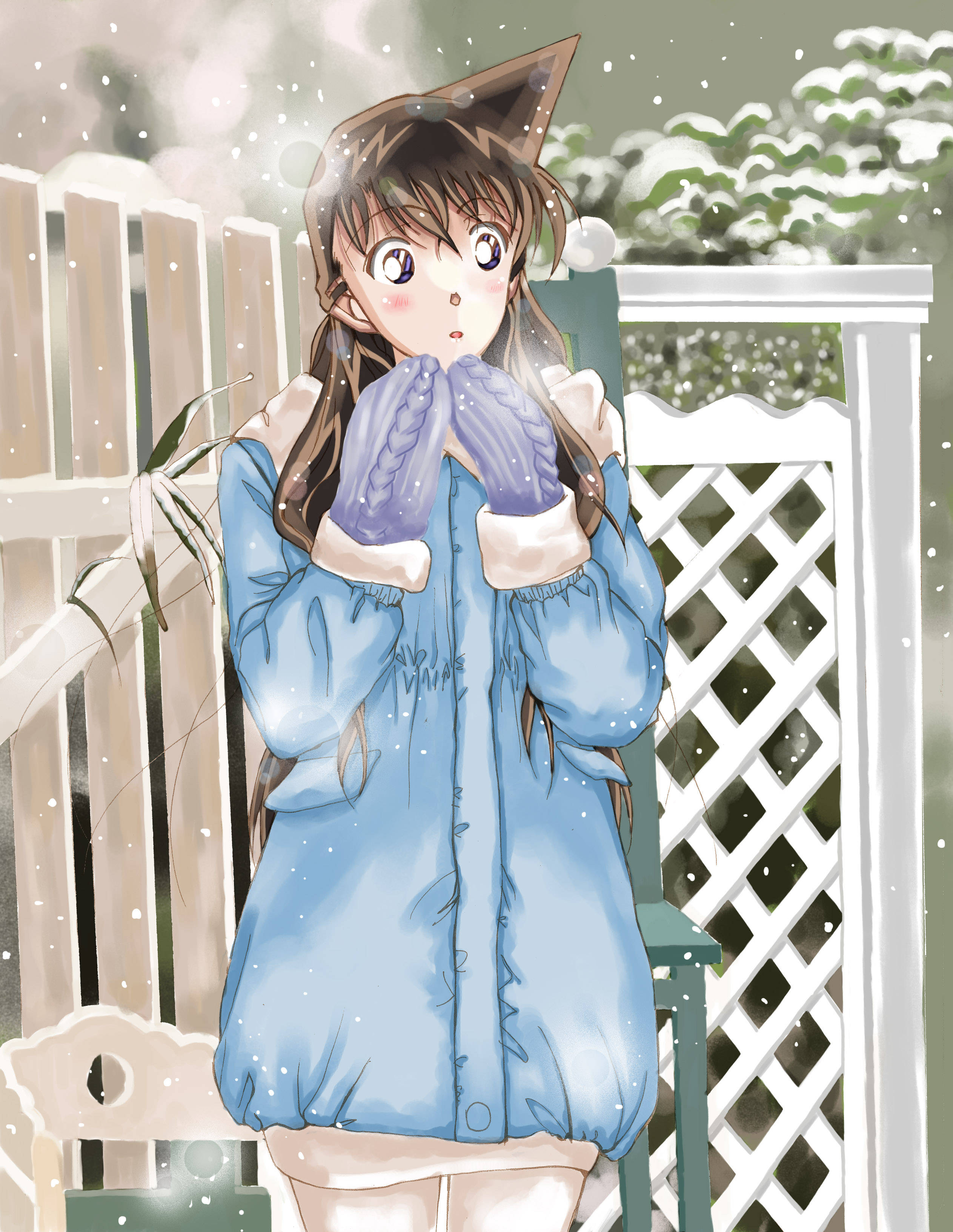 conan 桌布 壁紙 — 一個穿著藍色冬季外套和紫色手套的驚訝動漫女孩站在外面，靠近白色圍欄，雪花飄落。