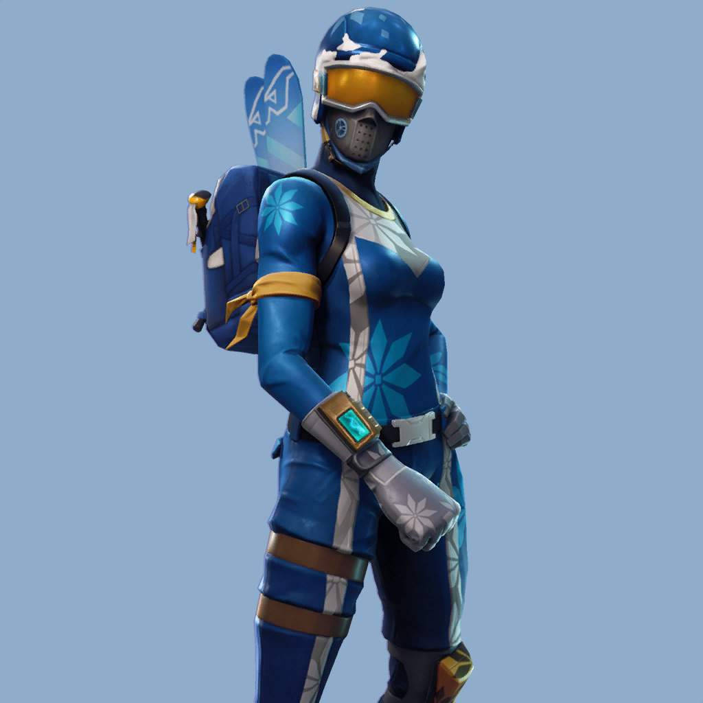 Fortnite 造型 桌布 壁紙 — 一個穿著藍色冬季裝備、帶有雪花圖案的Fortnite角色，自信地站在樸素的天空背景前。