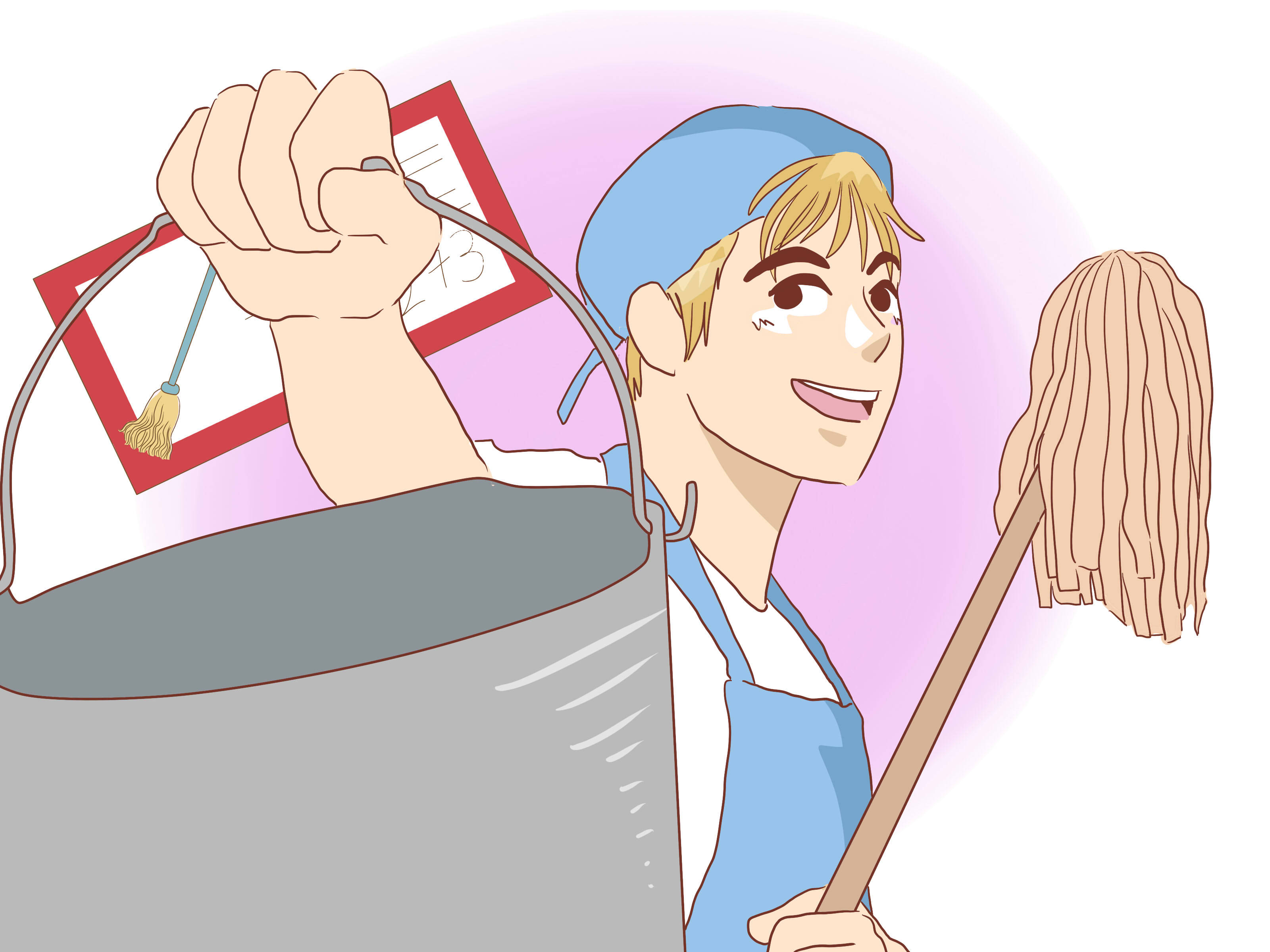Cleaning 桌布 壁紙 — 一個穿著藍色制服、開心的卡通清潔工，微笑著拿著拖把和水桶，附有一張清潔檢查清單。